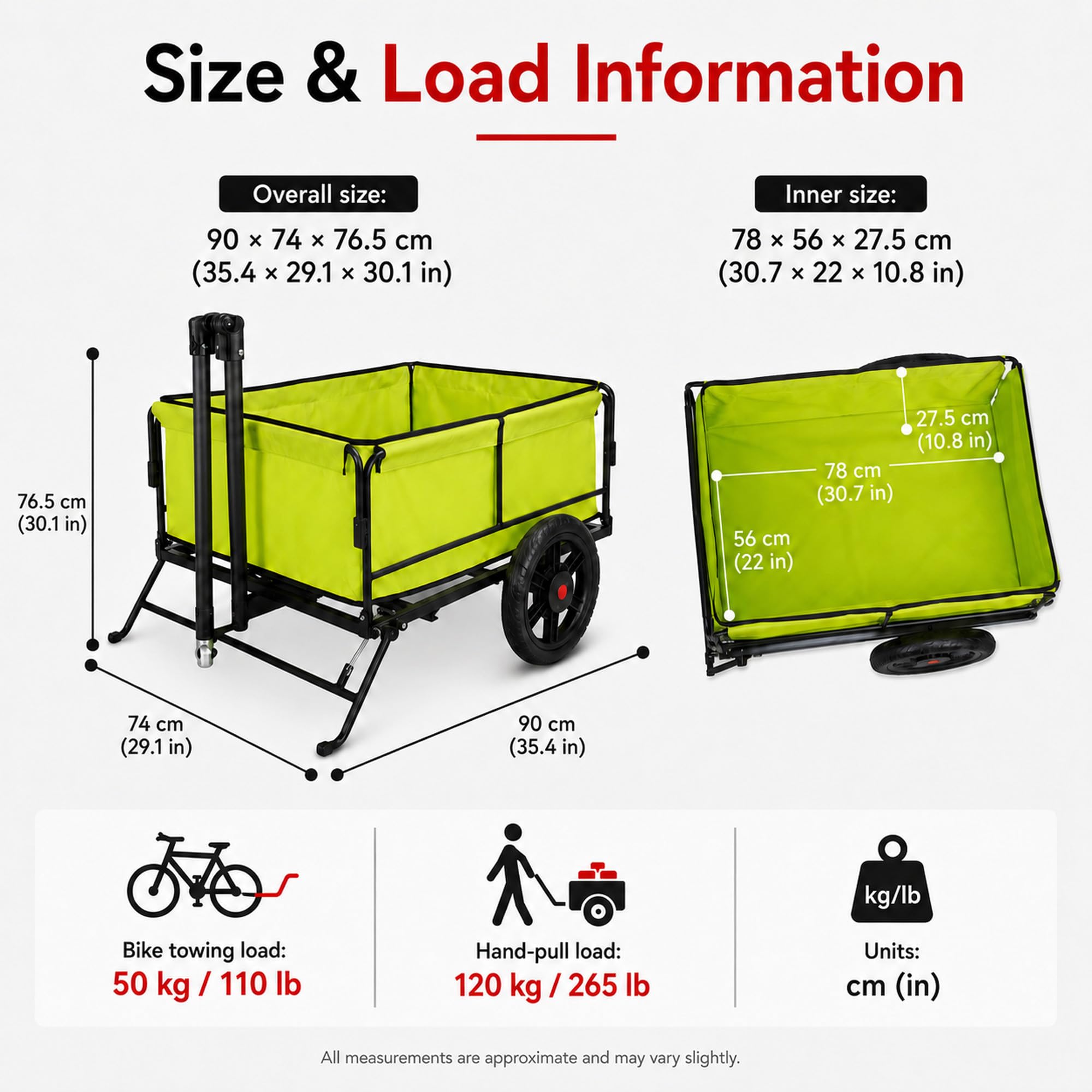 Remolque de carga para bicicleta, remolque de bicicleta de 2 ruedas para remolque de 110 libras, patas de apoyo plegables, carrito utilitario para camping, compras y aventuras al aire libre