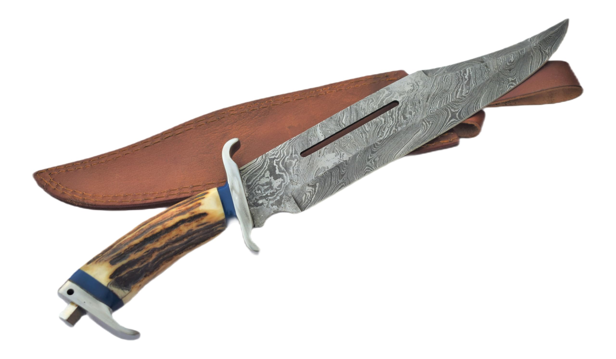 Edgeoprops Damascus Steel Bowie Knife with Stag Handle, Fixed Blade, Twist Pattern, Deer Antler Handle, Leather Sheath