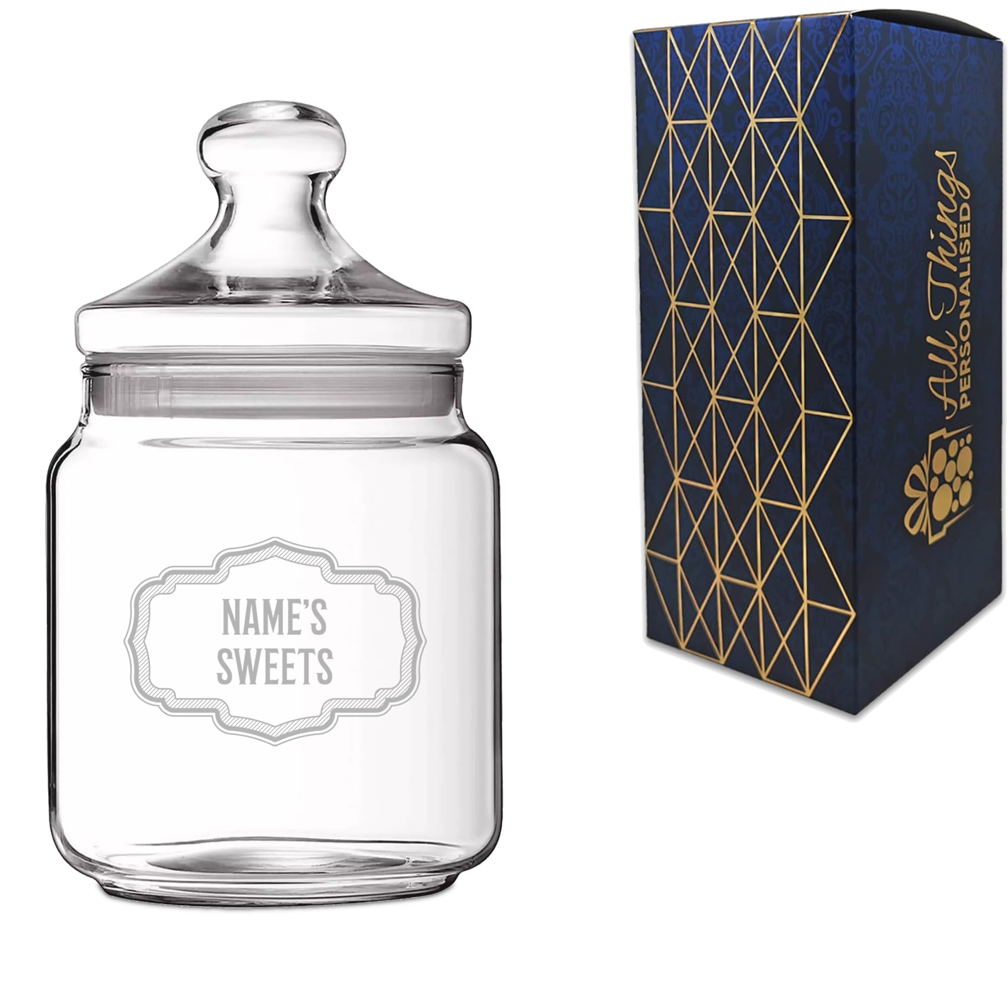 Personalised 0.75 Litre Glass Sweet Jar with Name's Sweets Retro Design, Custom Laser Engraved Treat Jar with Lid, Personalised Gift for Birthdays, Christmas or Retirements, Gift Box Included