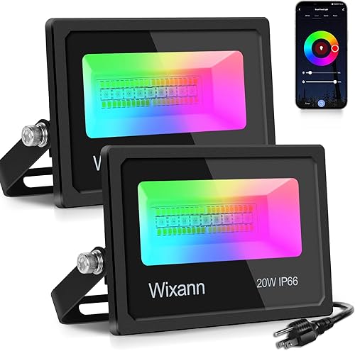 Wixann 2 Pack 20W Smart LED Flood Lights RGBCW 2700K-6500K 2000LM WiFi Outdoor Dimmable Color Changing Stage Light IP66 Waterproof Multicolor Wall