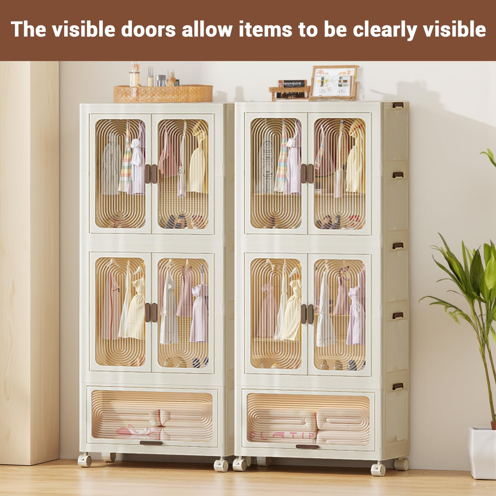 Armoire Pliante Portable, Commode Pliante en Plastique avec Tringle à vêtements, penderie à Double Porte, Armoire Multifonction Pliable avec roulettes (2 suspensions + 1 Rangement)
