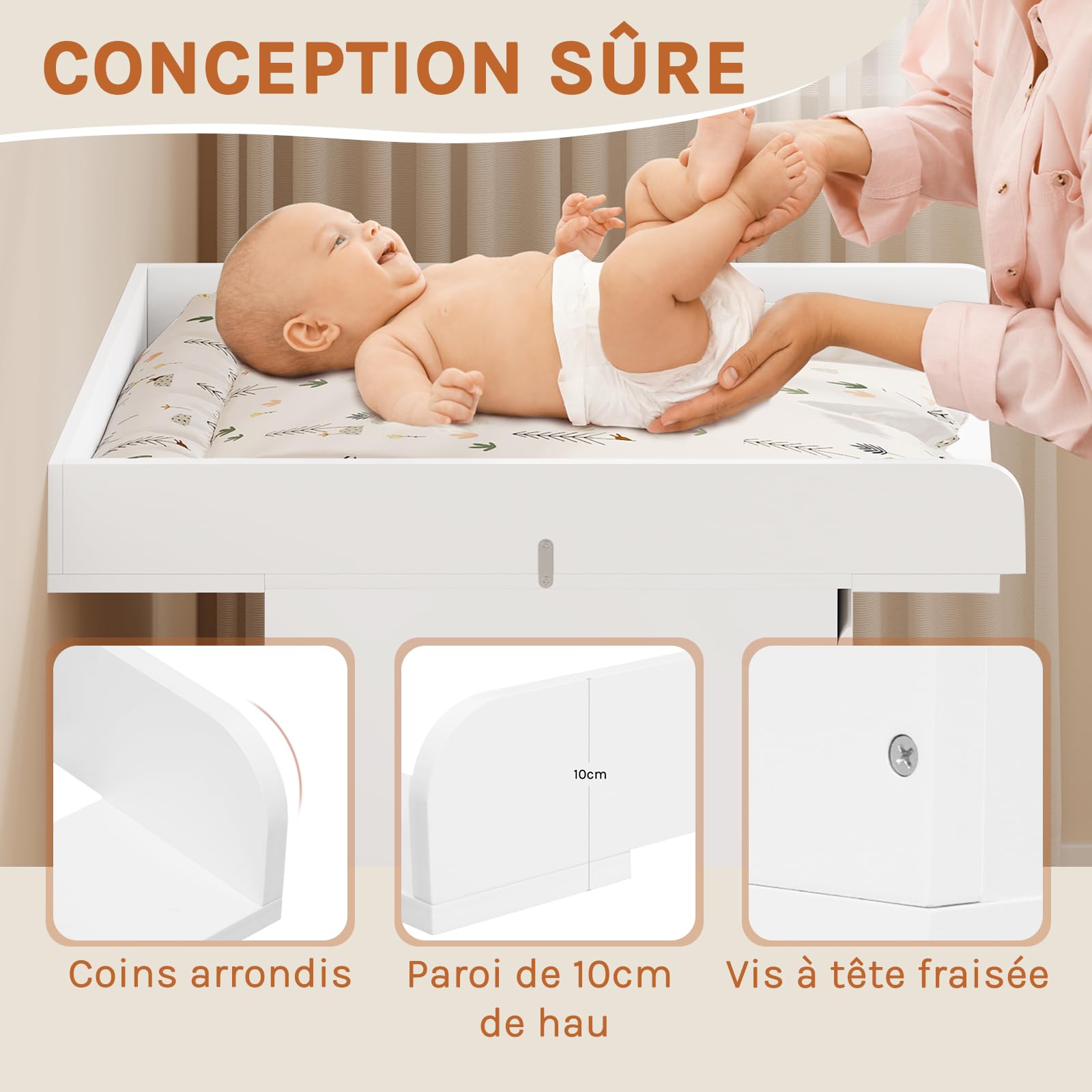 WOLTU Plan à Langer Universel en MDF Amovible avec Profondeur réglable 46,5–50 cm, pour Commode 60x80x10 cm, Blanc