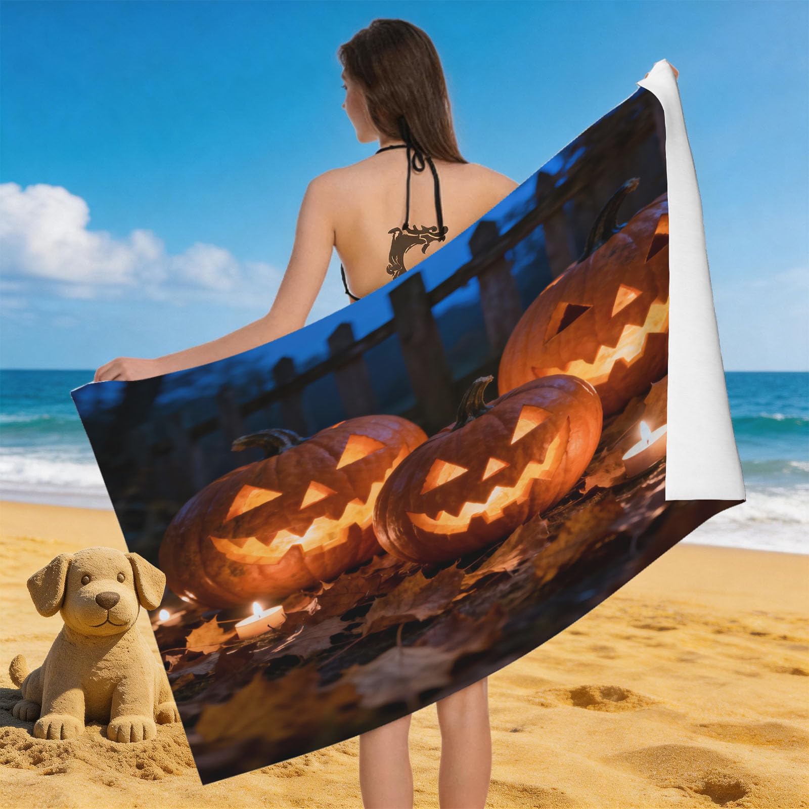 Leichong 3D Pumpkin Beach Towel Large Microfiber Soft Quick Dry for Adults, Chic Bath Towel Lightweight Soft Absorbent for Travel Swimming Pool Sports, 80 x 160 cm