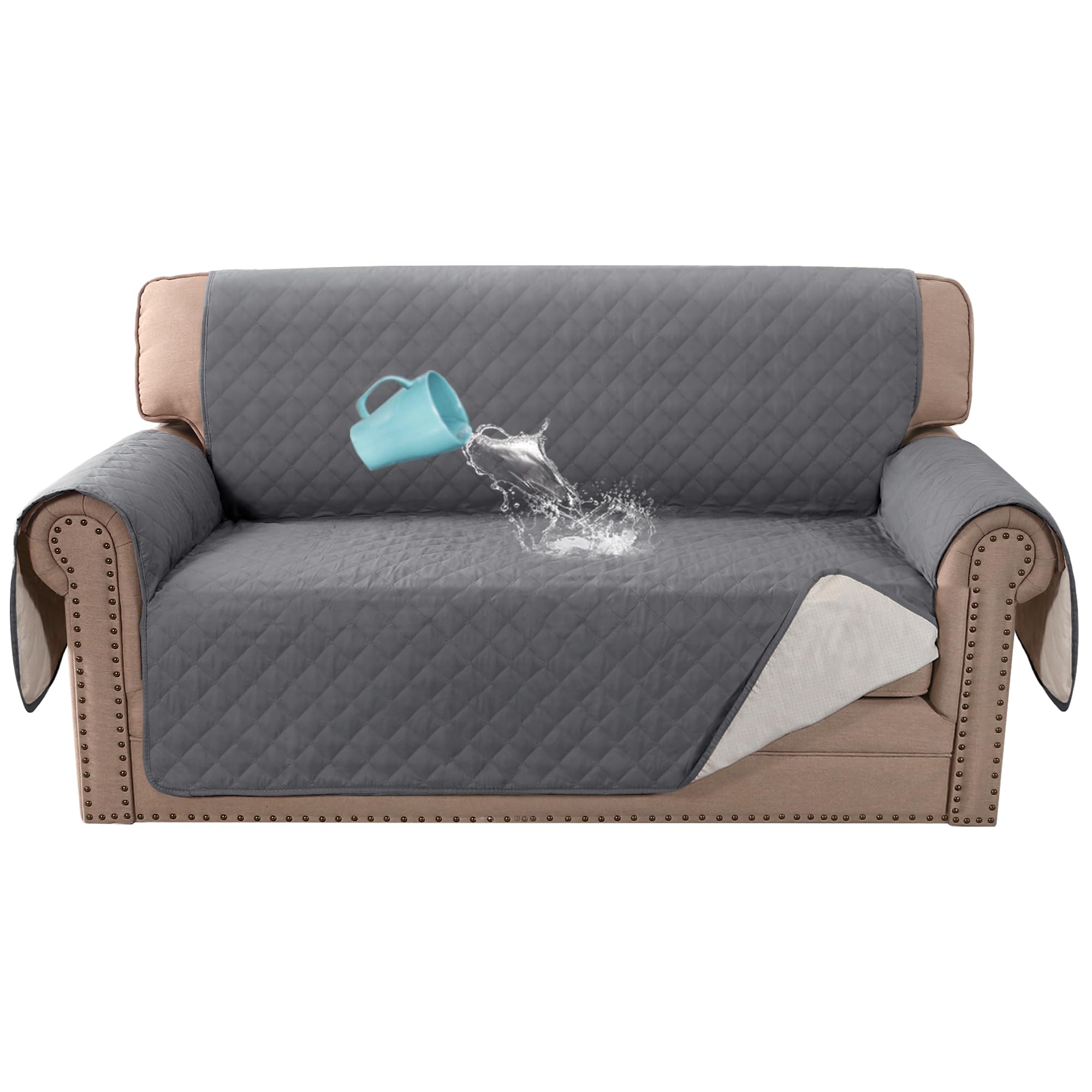 Bellahills Grey Sofa Cover 100% Waterproof Sofa Covers 2 Seater Couch Covers Sofa Slipcovers With Elastic Straps Triple Non-Slip Loveseat Sofa Cover Furniture Protector For Kids (Loveseat 54", Gray)