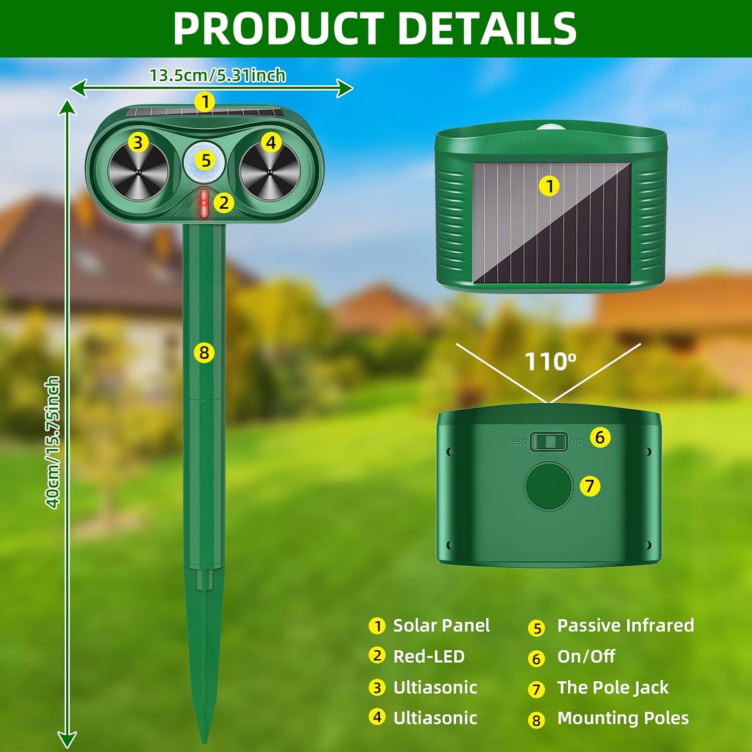 2025 2Pack Deer Repellent Device Solar Animal Repeller Cat Repellent Outdoor Ultrasonic Animal Repellent with Motion Detection to Scare Coyote Rabbit Squirrel Skunk Dog Fox Repellent for Yard