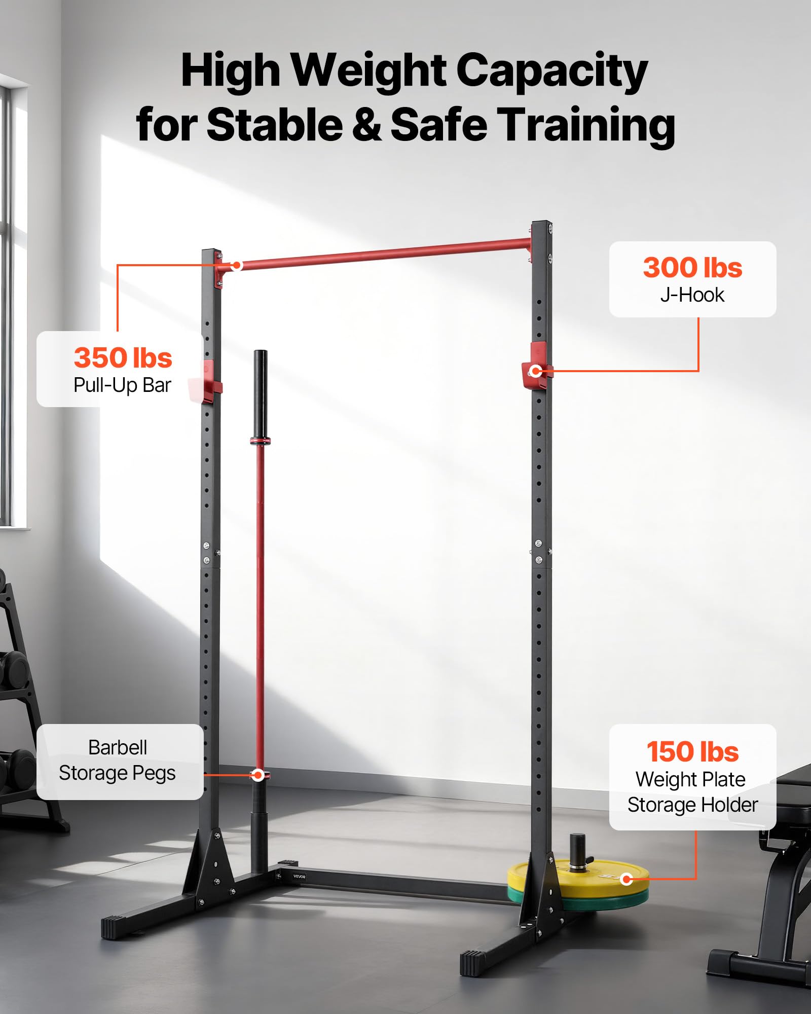 VEVOR Attrezzatura Multifunzionale per Panca Power Rack con Ganci a J Regolabili a 28 Livelli, Allenamento della Forza per 362 kg, Palestra Domestica per Squat con Bilanciere, Sollevamento Pesi