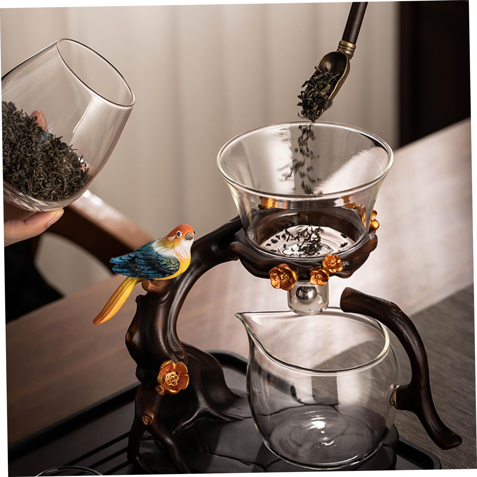 Juego de té semiautomático, tetera magnética de vidrio de alto borosilicato con infusor, tetera mágica de 300 ml + 460 ml, juego de té Kung Fu de 7, 8x4, 9x10, 4 para viajes en casa y oficina.
