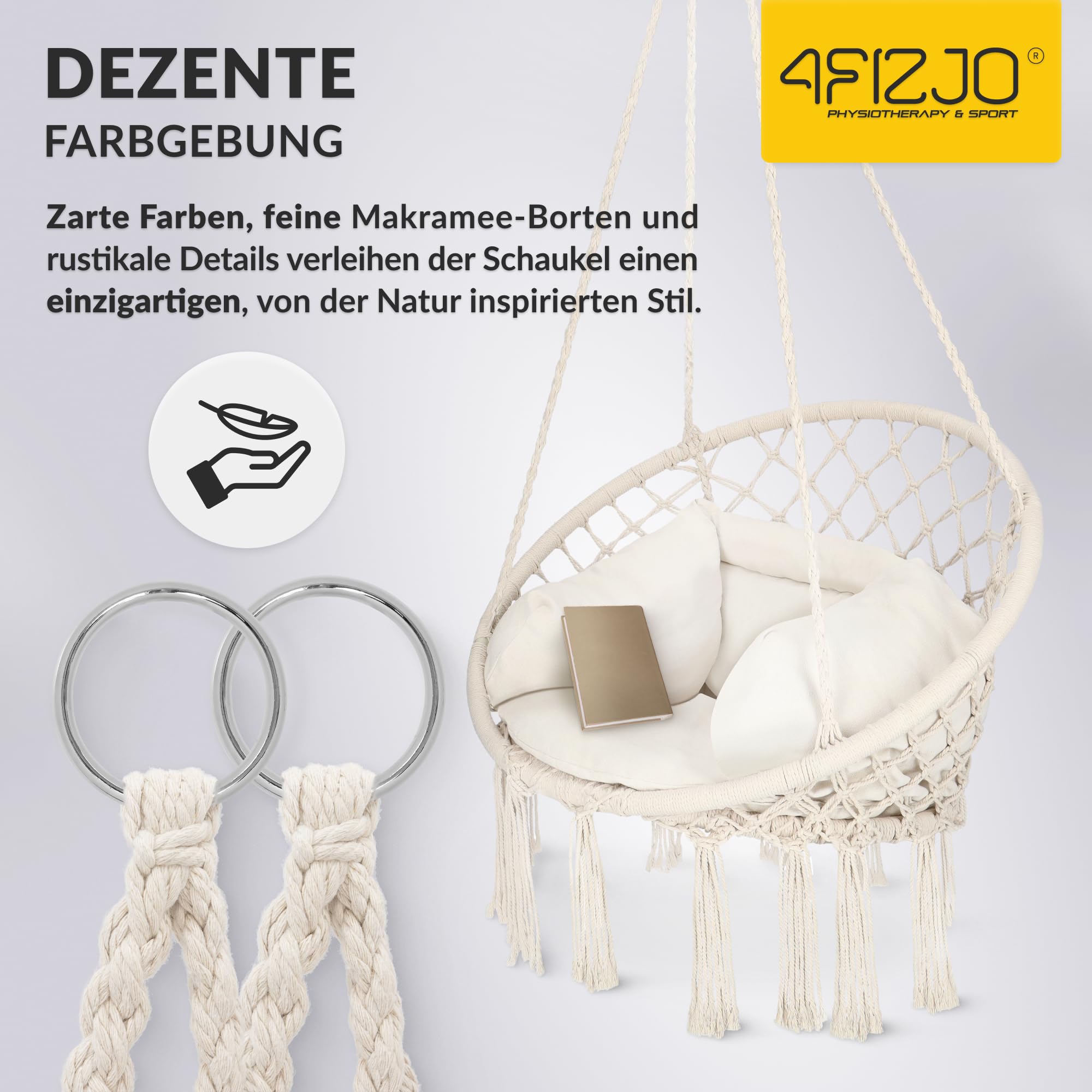 4FIZJO Hängesessel Boho mit Kissen, Makramee hängesessel, Garten schaukel, Hängekorb, Schaukelkorb, Therapieschaukel Kinder, Hängesessel Indoor & Outdoor, Hängesitz, Maximale Belastung 125 kg, Beige