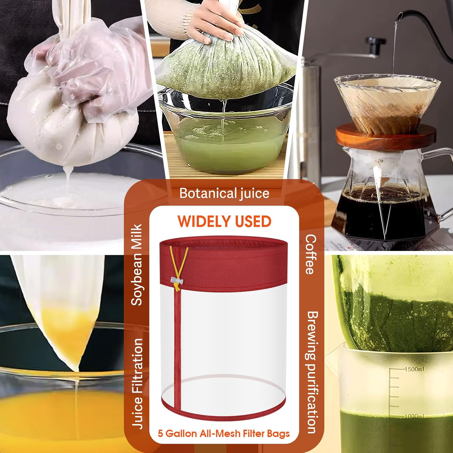 5-Pack 5-Gallon All-Mesh Storage Bags, 5 Color FineNylon Mesh, 5 Pieces Per Pack - For 5 Gallon Bucket, Reusable Filter Bag With Opening On Top.Hydroponics, Gardening