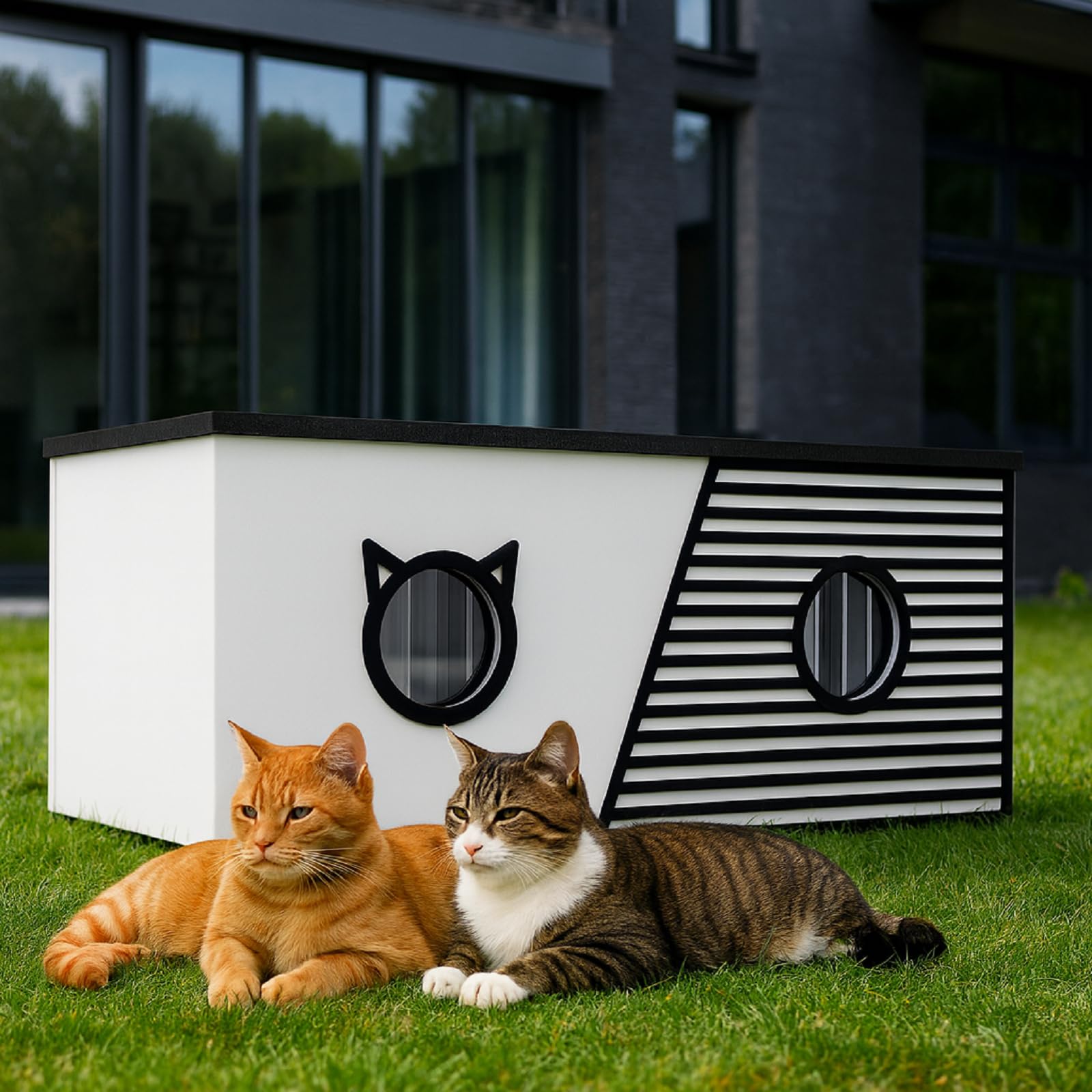 QLS Casetta per gatti XXL, 85 x 45 x 37,5 cm, resistente alle intemperie e isolata con tenda protettiva, tetto apribile e fondo OSB, per fino a 4 gatti all'aperto (bianco)