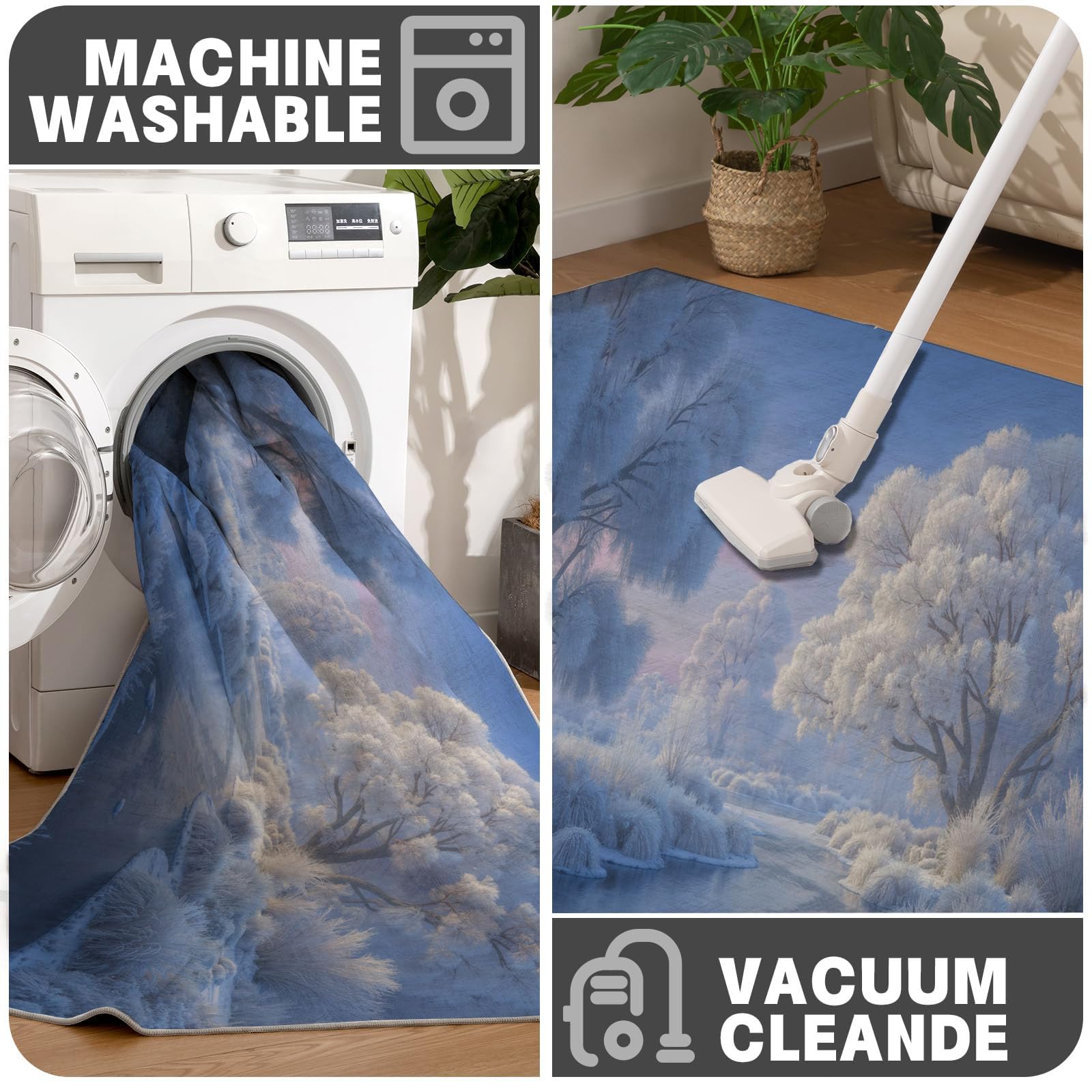 Waschbar Fußmatte Bäume Bäche - 80x120cm -Willkommen Fussmatte Ruhige Winterlandschaft rutschfeste Fußmatte für den Eingang für Hauseingänge, Flure, Außentüren