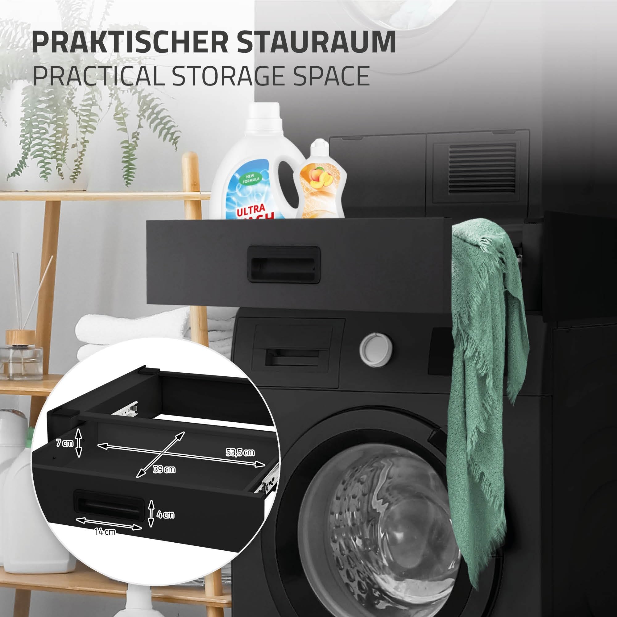 ML-Design Telaio Intermedio Ripiano Estraibile in Acciaio 60 x 54 cm Nero per Lavatrice/Asciugatrice Piano Estensibile per Cesto Bucato Kit di Sovrapposizione Universale con Cassetto Portaoggetti