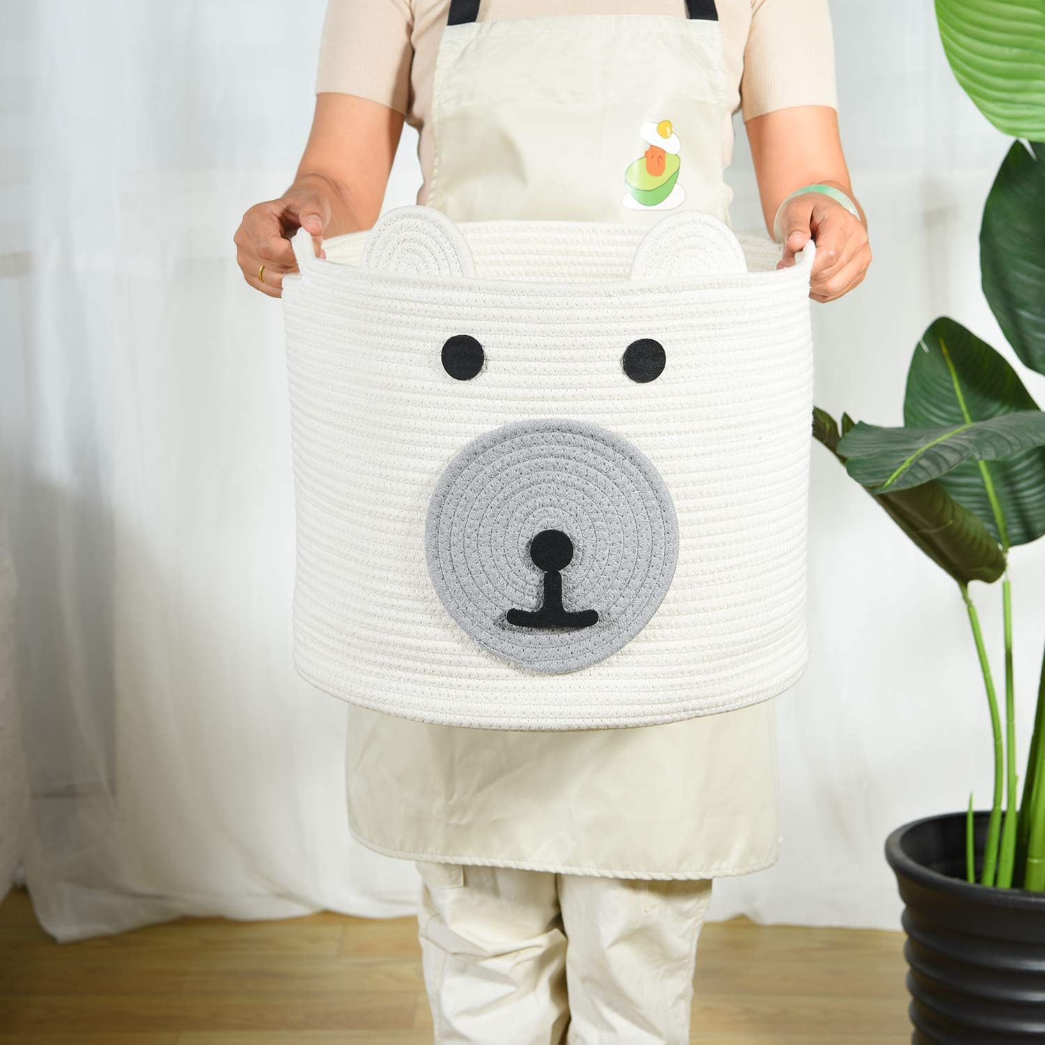 Toy Storage Basket With Cute Bear Design, Baby Clothes Hamper With Handles, Rope Basket for Nursery, 16"(D) x 14"(H)