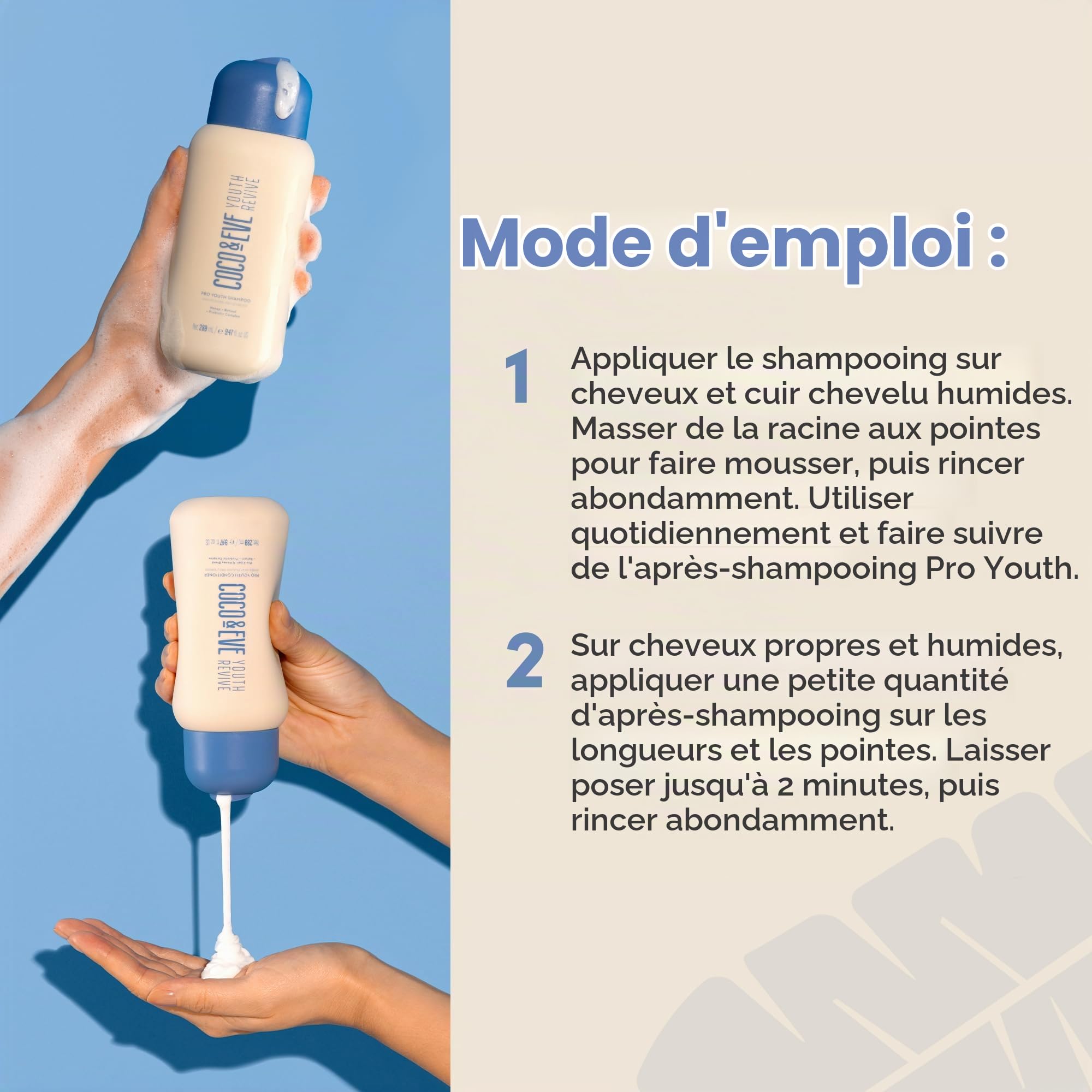 Shampooing et après-shampooing pro jeunesse Coco & Eve. Pour la force, l’éclat, le volume et la santé du cuir chevelu. Au miel, rétinol, prébiotiques. (280 ml)