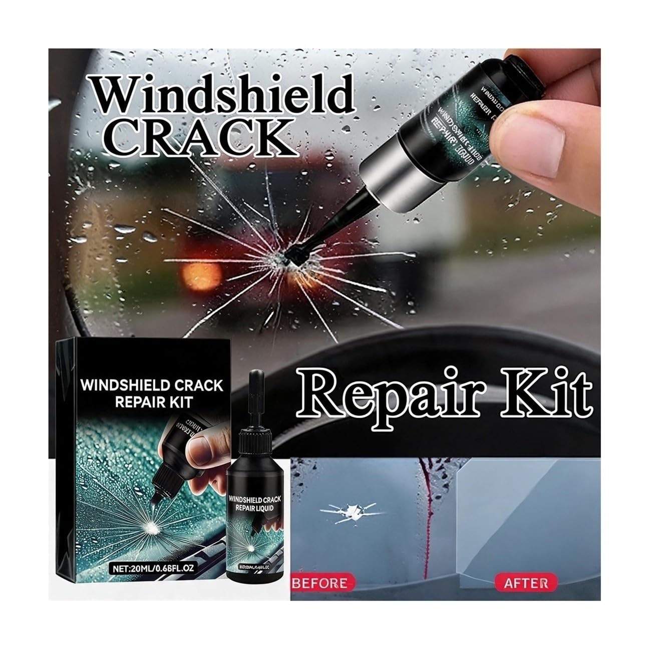 Auto-Windschutzscheiben-Riss-Reparatur-Set – Autoglas-Nano-Reparaturflüssigkeitswerkzeug(5 Set 20ml)
