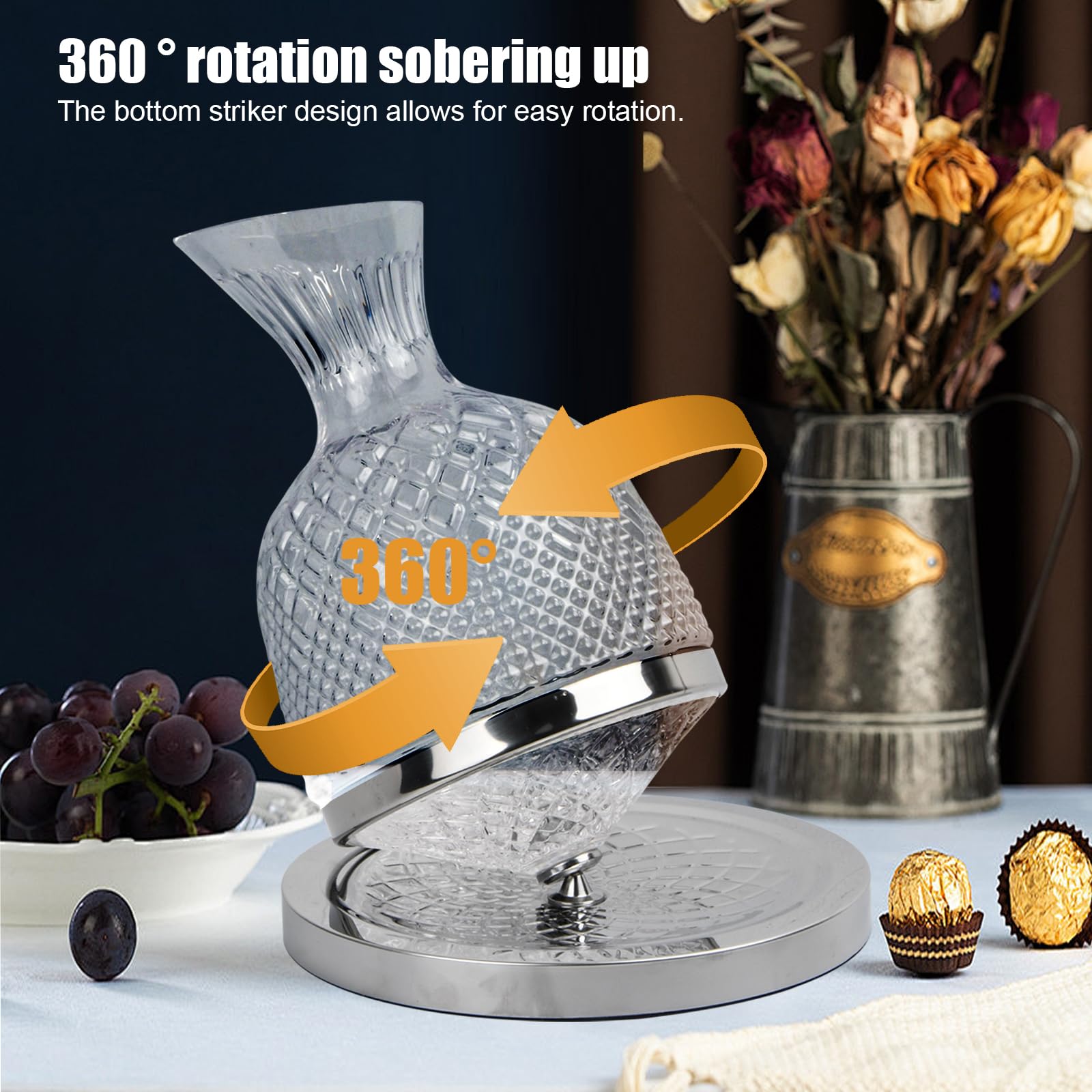 Karafka do wina 1500 ml, karafka do czerwonego wina obracana o 360°, kryształowa karafka ze szkła bezołowiowego, ręcznie dmuchana karafka do wina, akcesoria do wina, prezent na parapetówkę do