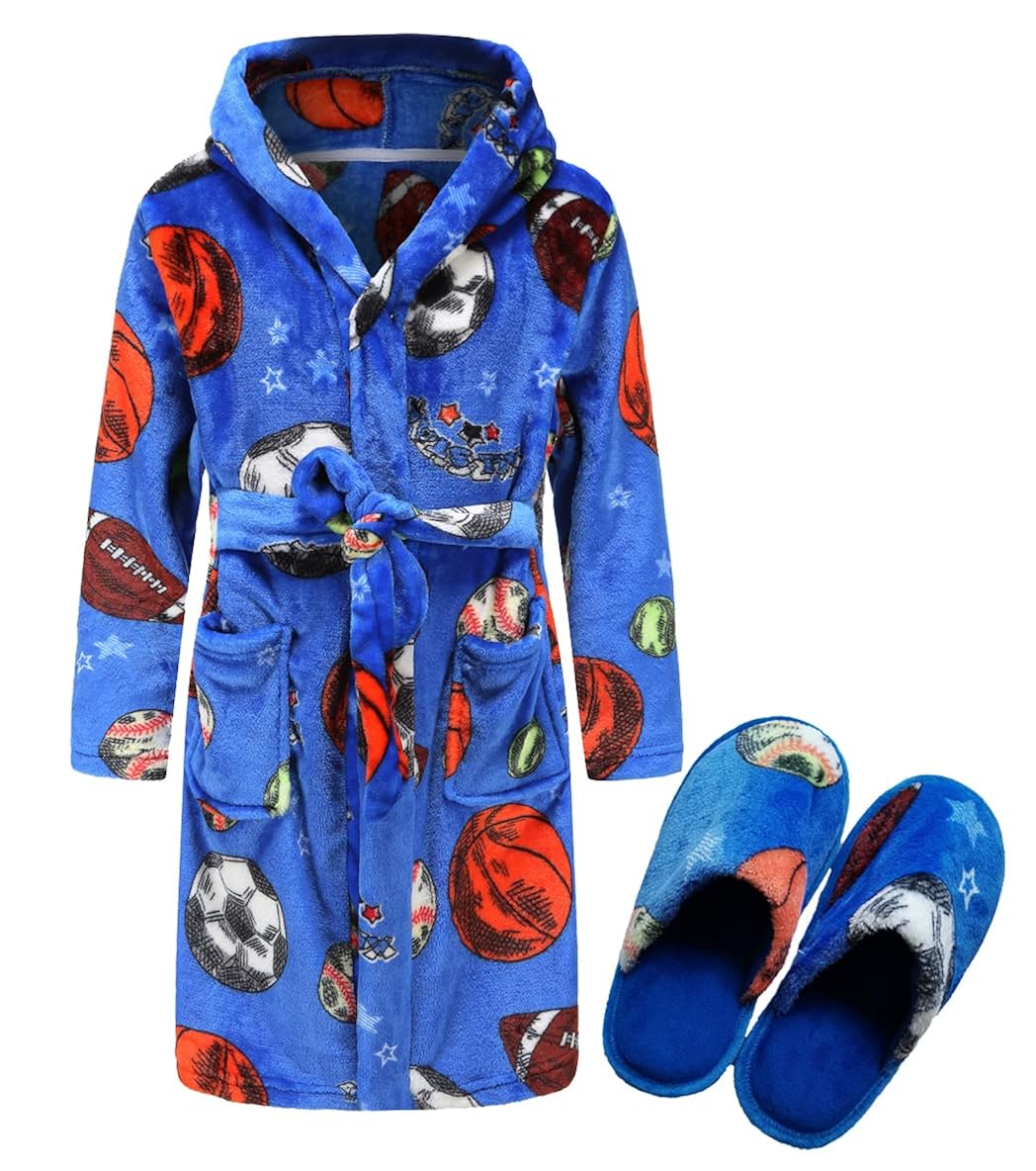 Kids Coral Fleece Robe with Slippers Boys Girls Soft Plush Hooded