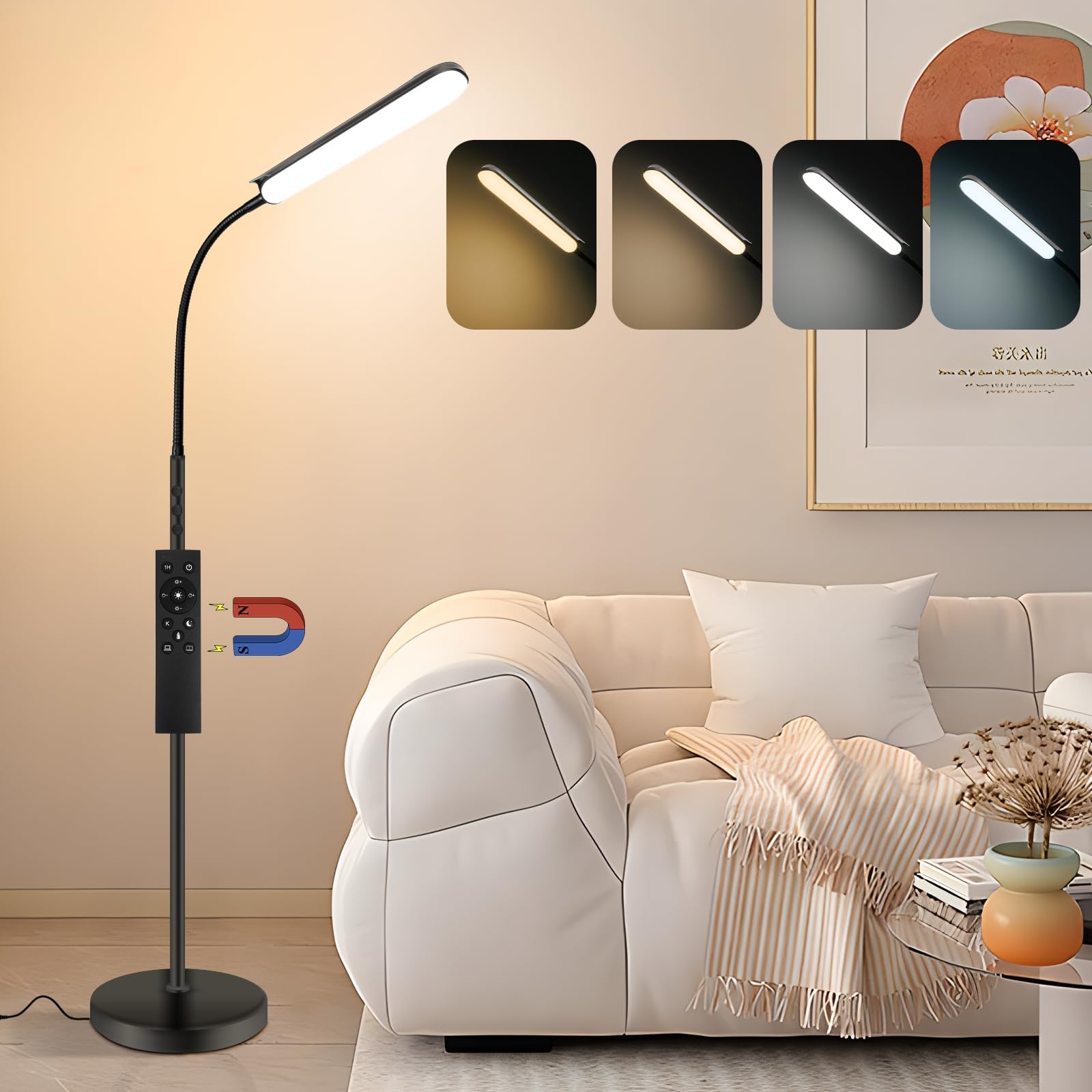 Lampada da Terra LED, 18W 1800LM Lampada da Lettura Dimmerabile con Collo Flessibile, Piantana 175 cm con Telecomando, Temperatura Colore Regolabile 2700K-6500K