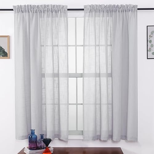 MYSTIC-HOME Cortinas transparentes de lino de 63 pulgadas, con bolsillo para barra, semitransparentes, filtrado de luz solar, cortinas arrugadas
