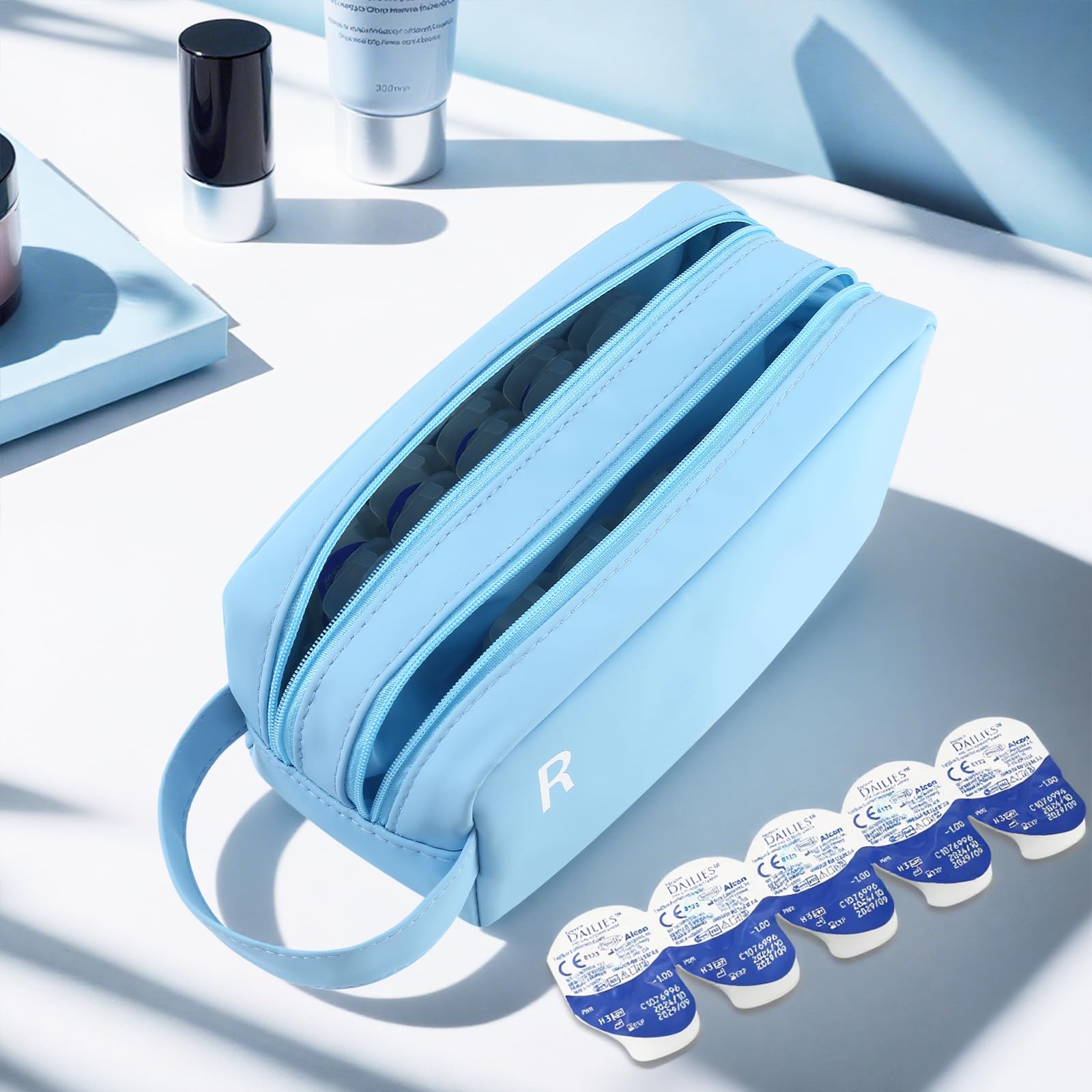Custodia organizer per lenti a contatto giornaliere, custodia portatile per lenti a contatto, custodia da viaggio per lenti a contatto con R & L, per contenere fino a 100 lenti, Blu, 8.46 x