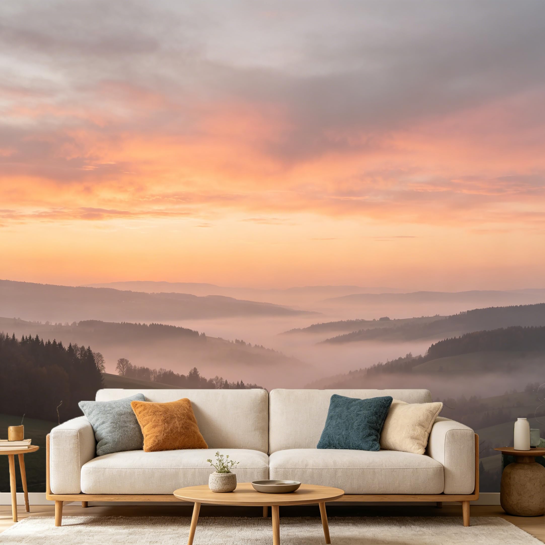 Custom Size Wall Mural Mountain Lake Landscape Sunrise Foggy Valley SelfAdhesive Art Prints wall Fabric（No PVC） Removable Wallpaper Home Bedroom Decor