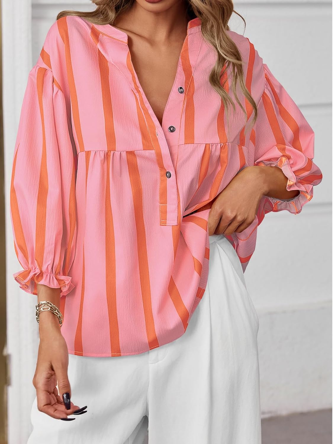 Tankaneo Womens Puff Sleeve Babydoll Tops Summer V Neck Striped Blouse Cute Casual Loose Fit Flowy Shirts - Image 2