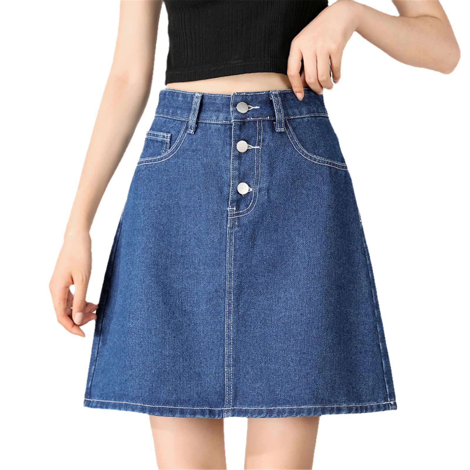 A-Line Blu Mezza Lunghezza Donne Gonne A Vita Alta Aderente Denim Gonne per Le Donne Allentate Estate Mini Gonne Femminili, Blu, XL