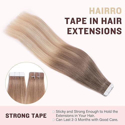 Miniatura 4 de Hairro Extensiones de cabello humano Remy con cinta adhesiva de 12 pulgadas, 1.06 onzas, #6T27P60, rubio ceniza balayage, con raíz marrón, cabello