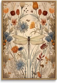 Framed Vintage Dragonfly Canvas Wall Art Whimsical Botanical Floral Picture Elegant Mid Century Natural Poster Prints Eclectic Insect Aesthetic Painting Wall Decor for Living Room Bedroom 16x24in
