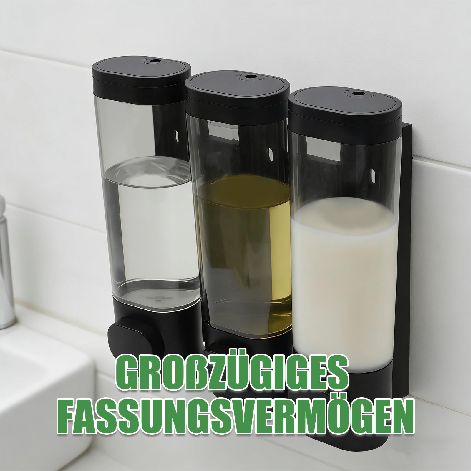 Hoypeyfiy Set dispenser per sapone a parete a 3 camere, dispenser per shampoo e gel doccia, installazione senza fori per l'organizzazione del bagno e della cucina (nero)