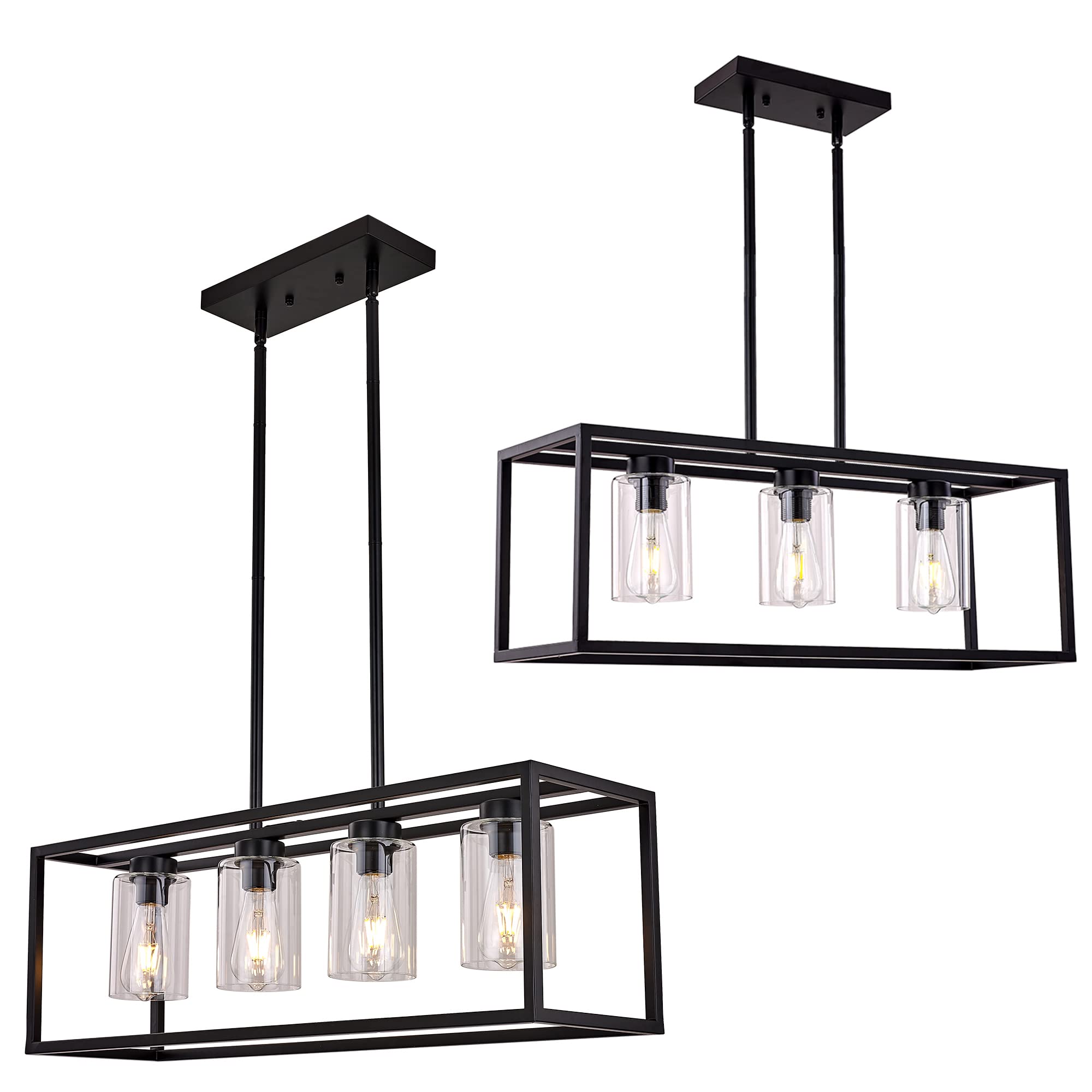 Dining Room Lighting Fixture Hanging Farmhouse Black 3 Light and 4 Light Modern Pendant Lighting Contemporary Chandeliers with Glass Shade for Living Dining Room