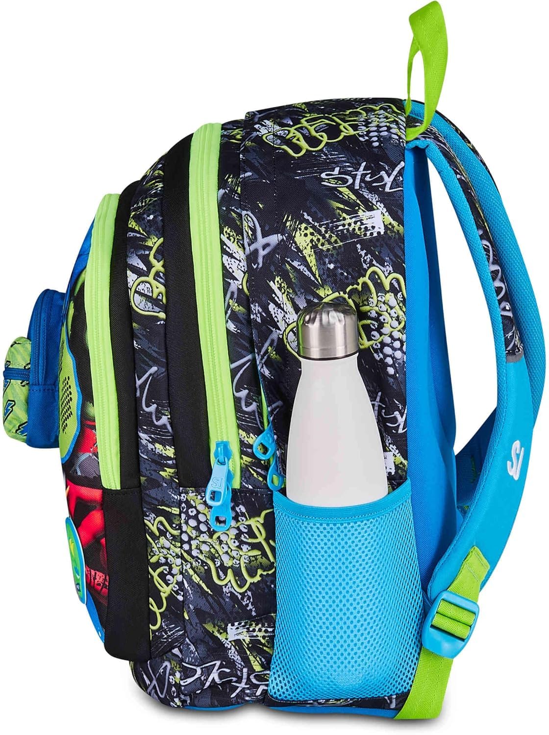 SJ GANG STYLE JAM GANG Zaino Scuola Advanced SOFT POUCH BOY, Doppio Scomparto, Applicazione zainetto 3D su tasca frontale, Tasca laterale portaborraccia. CON ASTUCCIO 3 ZIP COMPLETO DI COLORI