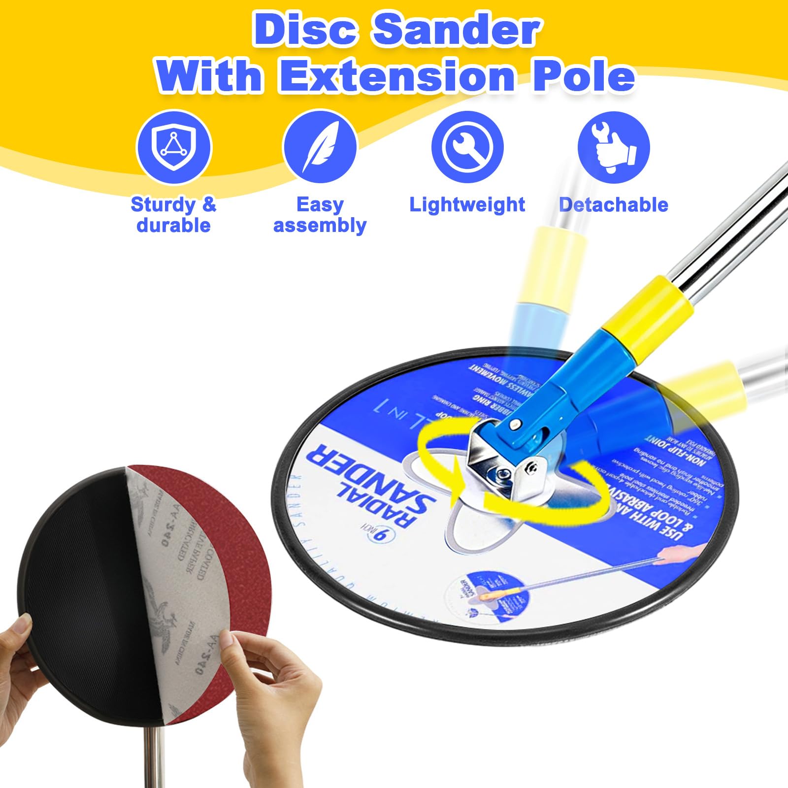 Ponceuse Plâtre avec Perche Telescopique & 10 Feuilles Abrasives, Tête Radiale Ronde Rotation 360 °, Outil Ponçage Extension 180 cm pour Cloison Sèche, Murs et Plafonds (Grain 80/120/150/180/240)