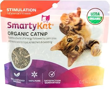 SmartyKat Catnip Pouch for Cats & Kittens, USDA Certified Organic, Featuring Resealable Pouch, Sprinkle on Toys, Bedding & Scratchers, 0.5 Ounces