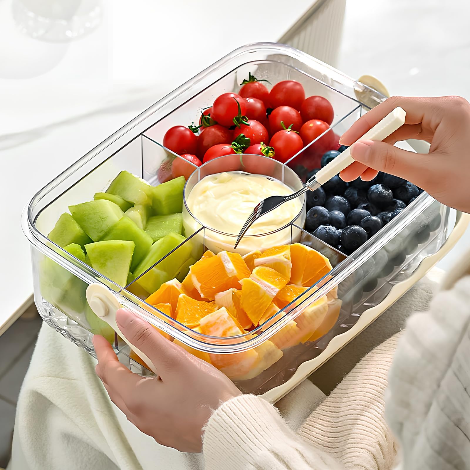 Rylae Vorratsdosen mit Deckel Groß, Luftdichter Snackbox mit Fächern und Griff, Obst Gemüse Frischhaltebox 5 Fächer, Bento Box für Kühlschrank Camping Picknick, Lebensmittelbehälter Küche, Haushalt & Wohnen