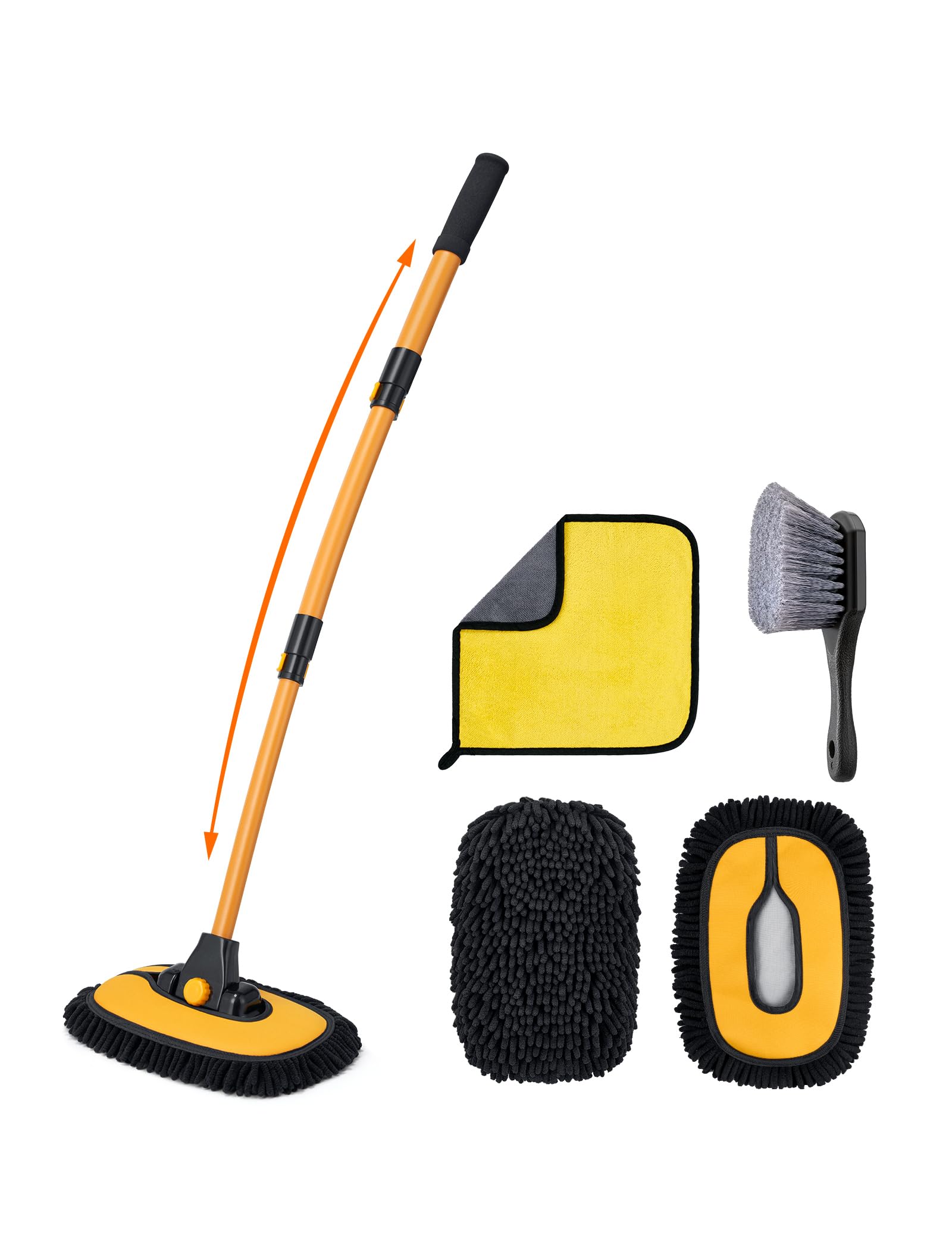 AstroAI 15°Curve Autowaschbürste, Auto Waschbürste mit Teleskopstiel, Waschbürste Auto für Autos, SUVs, Wohnmobilen, Motorrädern, Böden, Fenster, mit 2 x Mop-Köpfe, Gelb