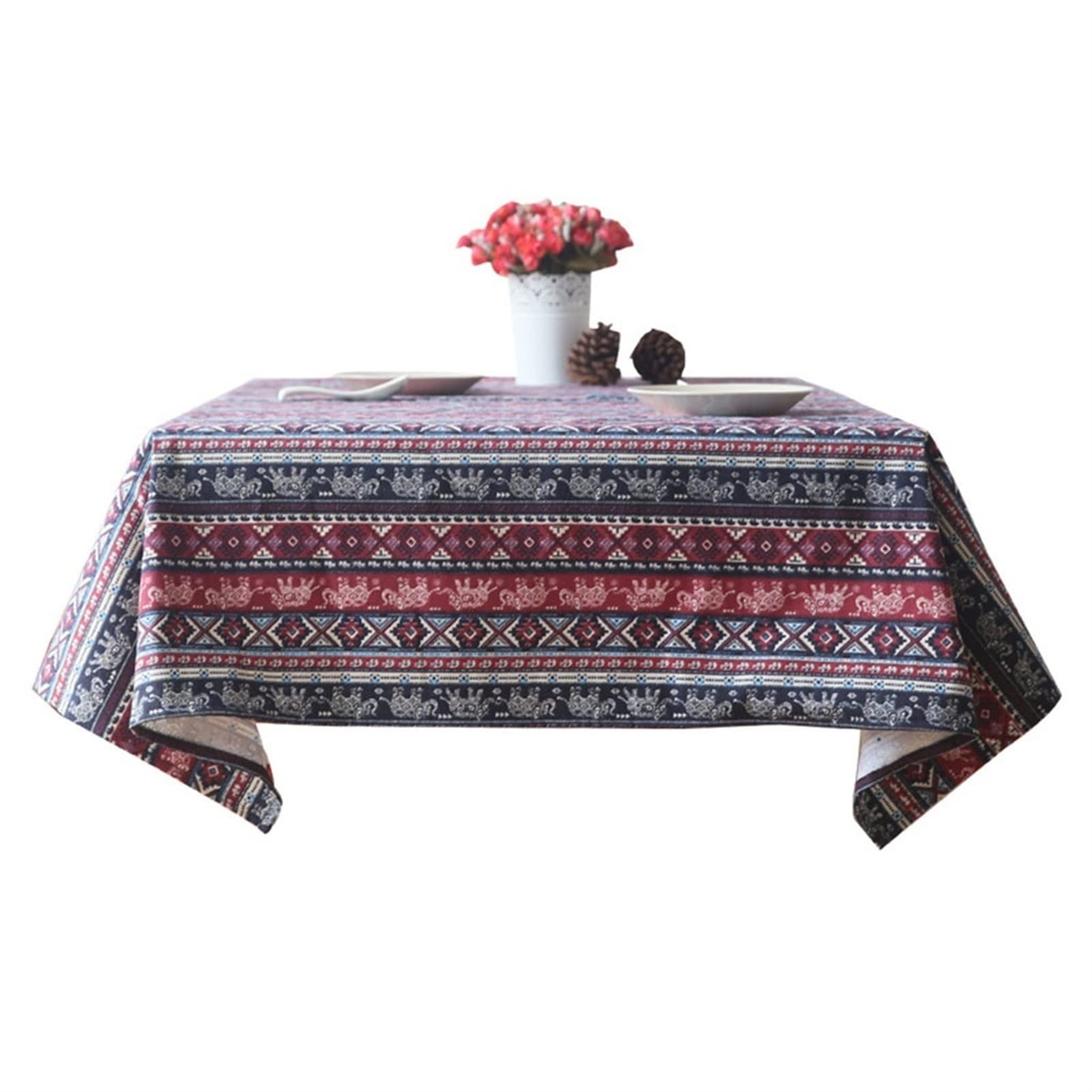 Nappe de style ethnique rouge et bleu pour réchauffer l'ambiance des repas en famille