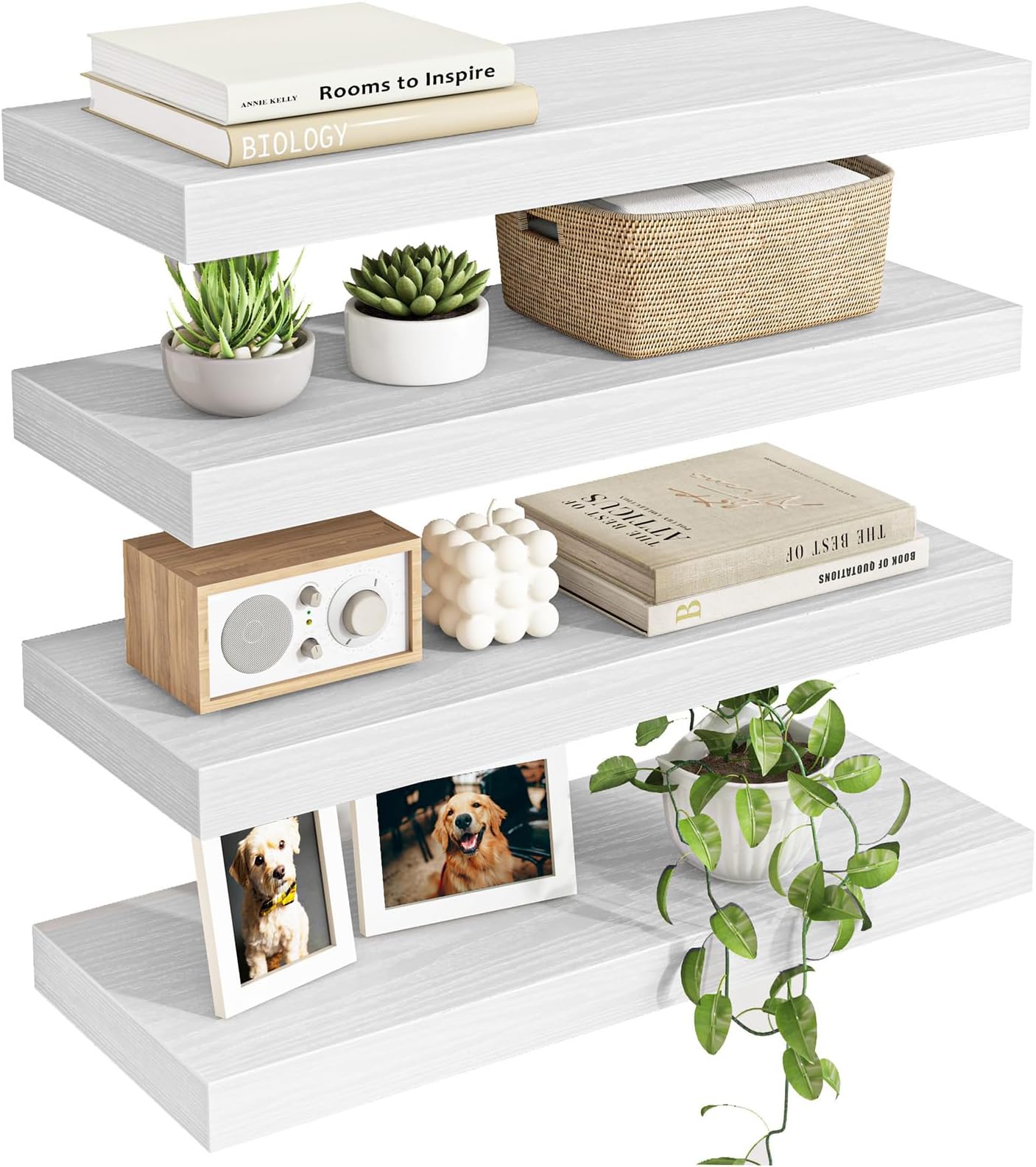Fixwal White Shelves for Wall, 15.8in Rustic Wood Finish Floating Wall Shelves Set of 4, Shelves for Wall Decor, with Invisible Brackets for Bathroom, Living Room,Bedroom and Kitchen