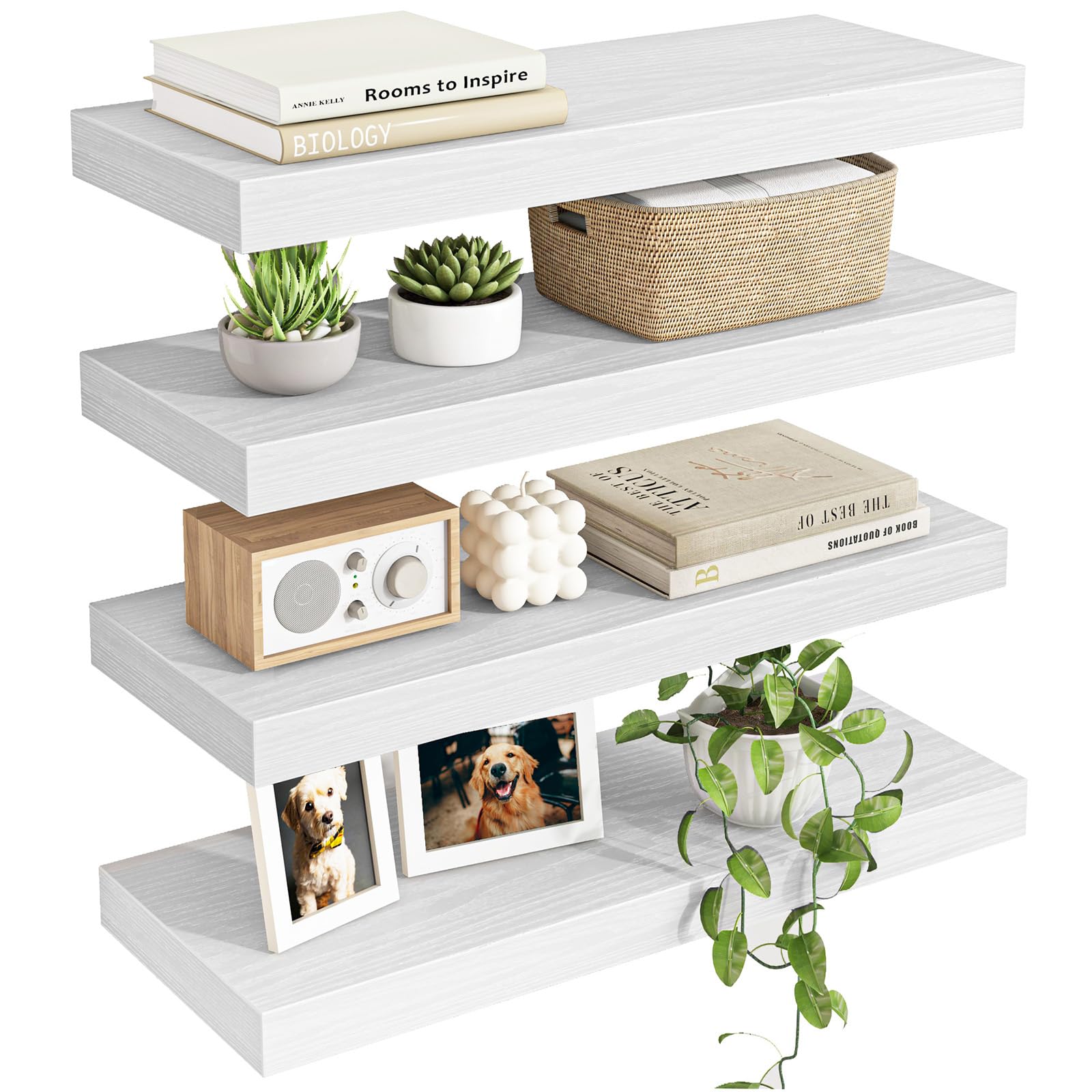 Fixwal 15.8in Floating Shelves, Rustic Wood Finish Wall Shelves Set of 4, Shelves for Wall Decor, with Invisible Brackets for Bathroom, Living Room,Bedroom and Kitchen(White)
