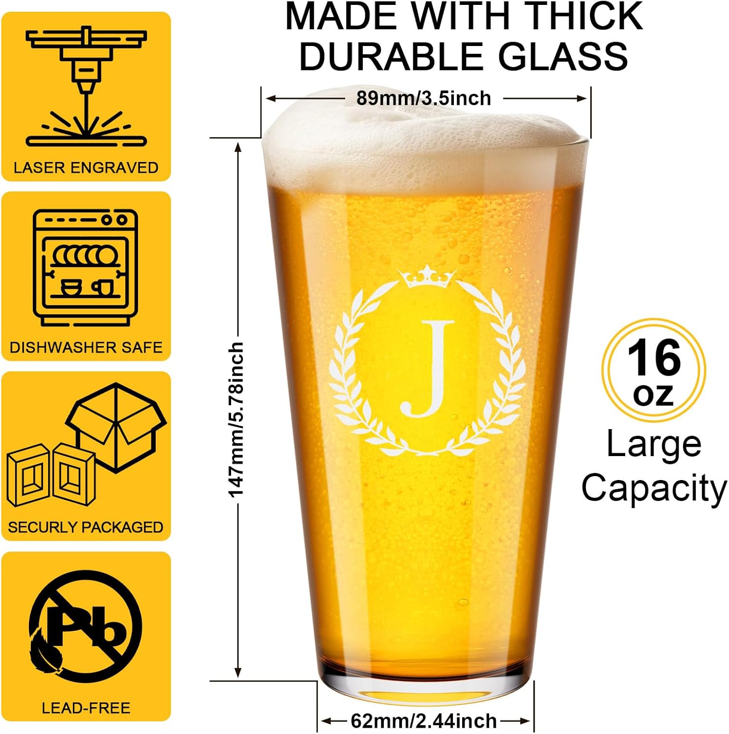 Personalized Beer Glasses Gifts for Men, 16 oz Pint Glasses Monogrammed A-Z Drinking Glass Cups Customized Gift, Unique Christmas Anniversary Birthday Gifts for Men Him Dad Brother Husband Grandpa (J) - Image 2