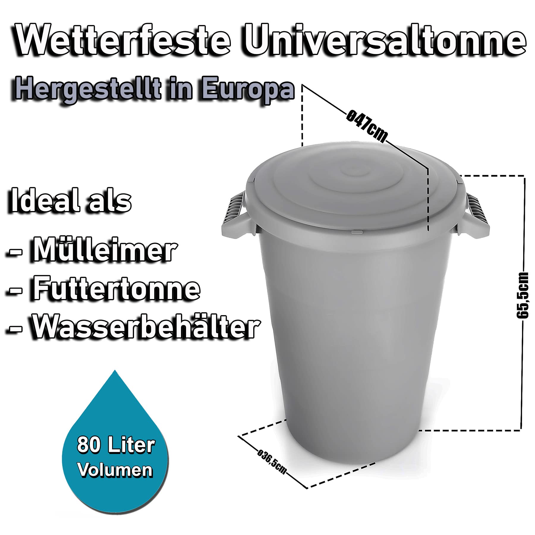 BigDean 80 Liter wetterfeste Universaltonne mit Deckel und Tragegriffen Grau Regentonne Mülleimer Indoor Outdoor