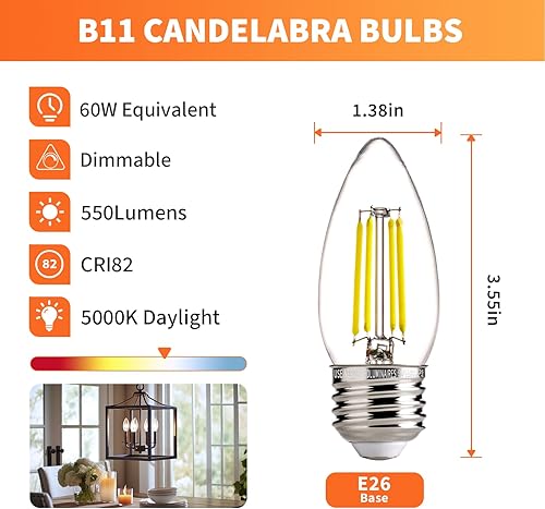 Miniatura 2 de ALAMPEVER Bombilla LED E26 de 60 vatios, bombillas de araña B11, bombillas LED de candelabro de luz diurna de 5000 K, paquete de 12 bombillas de vela