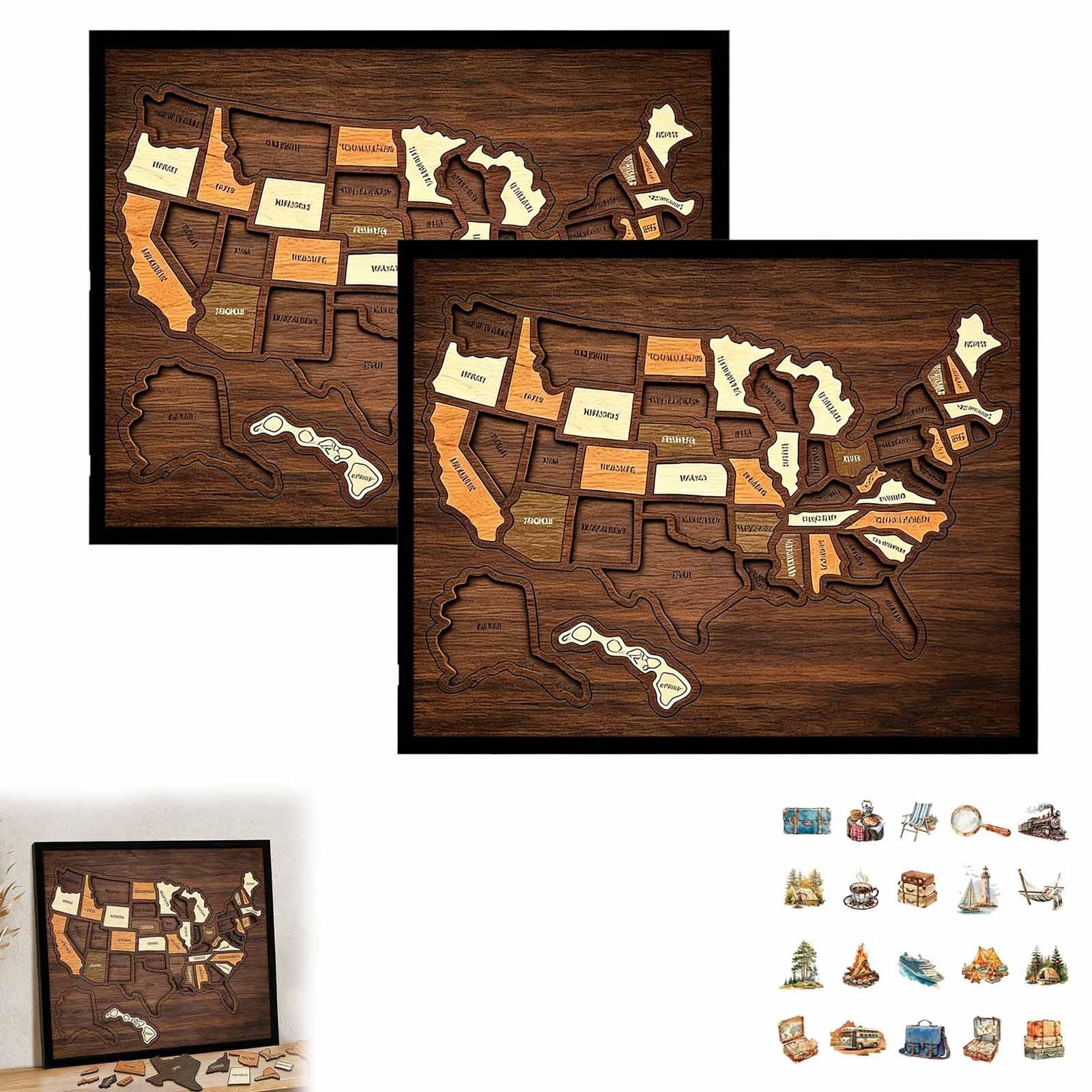 Holz-Puzzlerahmen mit USA-Reisekarte, Markierung der Staatskarte mit Elementen, Wanddekoration for Zuhause, Klassenzimmer, for Paare, Familie, Wohnmobil-Urlaub(A+Sticker*2pcs)