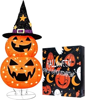 2.6FT Pre-lit Pop Up Halloween Pumpkin Decorations, Plug in 60 Orange LED 8 Twinkle Modes Light Up Halloween Decorations, Jack-o-Lantern Party Yard Garden Porch Indoor Outdoor Halloween Decor
