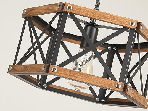 Miniatura 5 de Lámpara colgante rústica de granja con cadena ajustable, interruptor regulable, lámpara colgante de madera de roble industrial y jaula de metal de