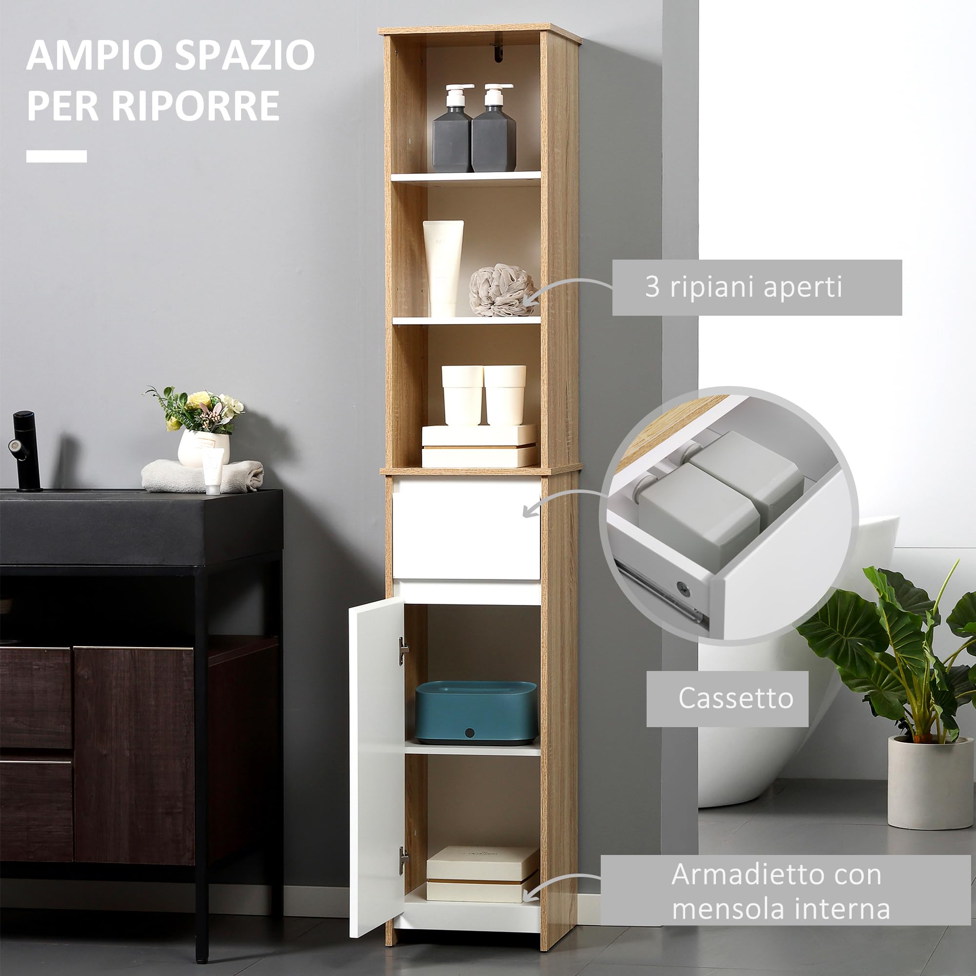 kleankin Scaffale Bagno Salvaspazio in Legno Bianco 32.6x30x171.2cm