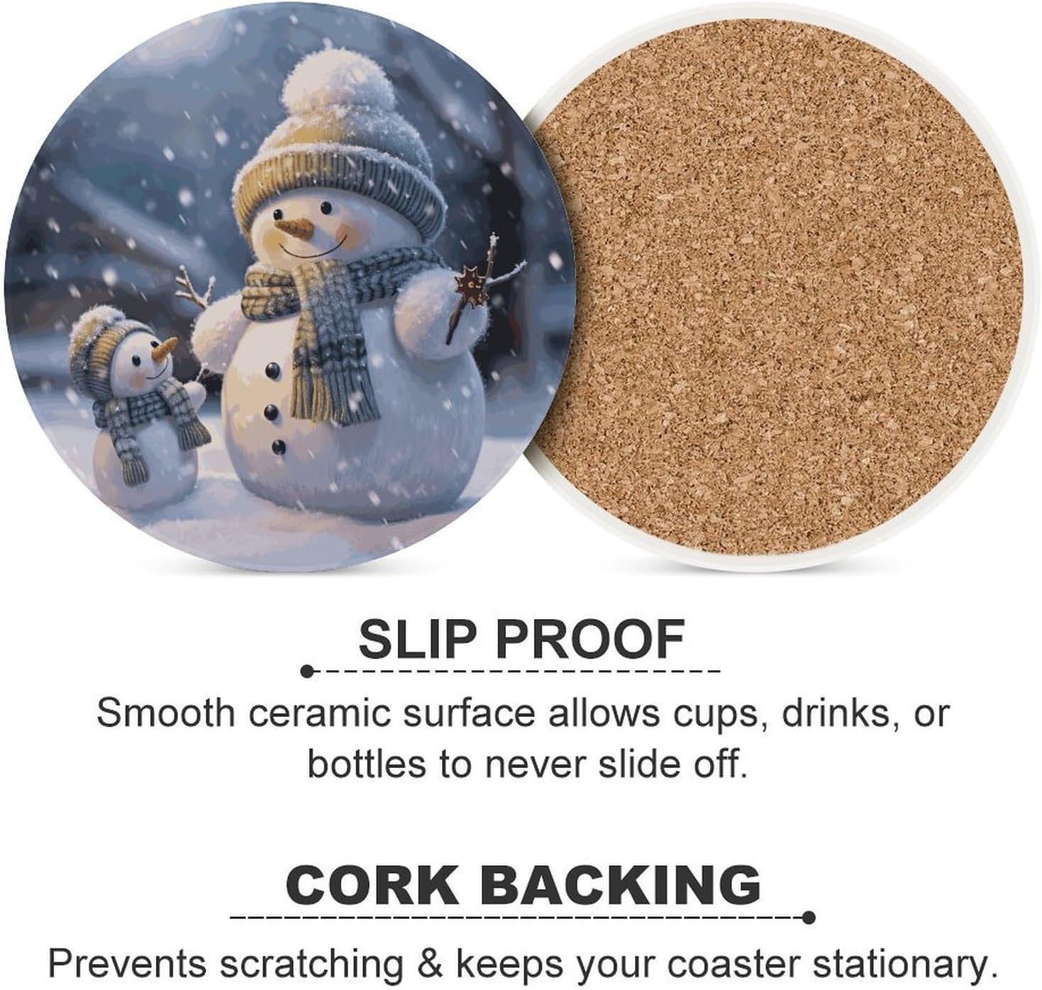 6PCS Winter Snowman Coasters Non-Slip Round Drink Coasters with Ceramic Stone and Cork Base, Heat Resistant Absorbent 33.00Stone Coaster Set for Kinds of Mugs and Cups, 4 Inch