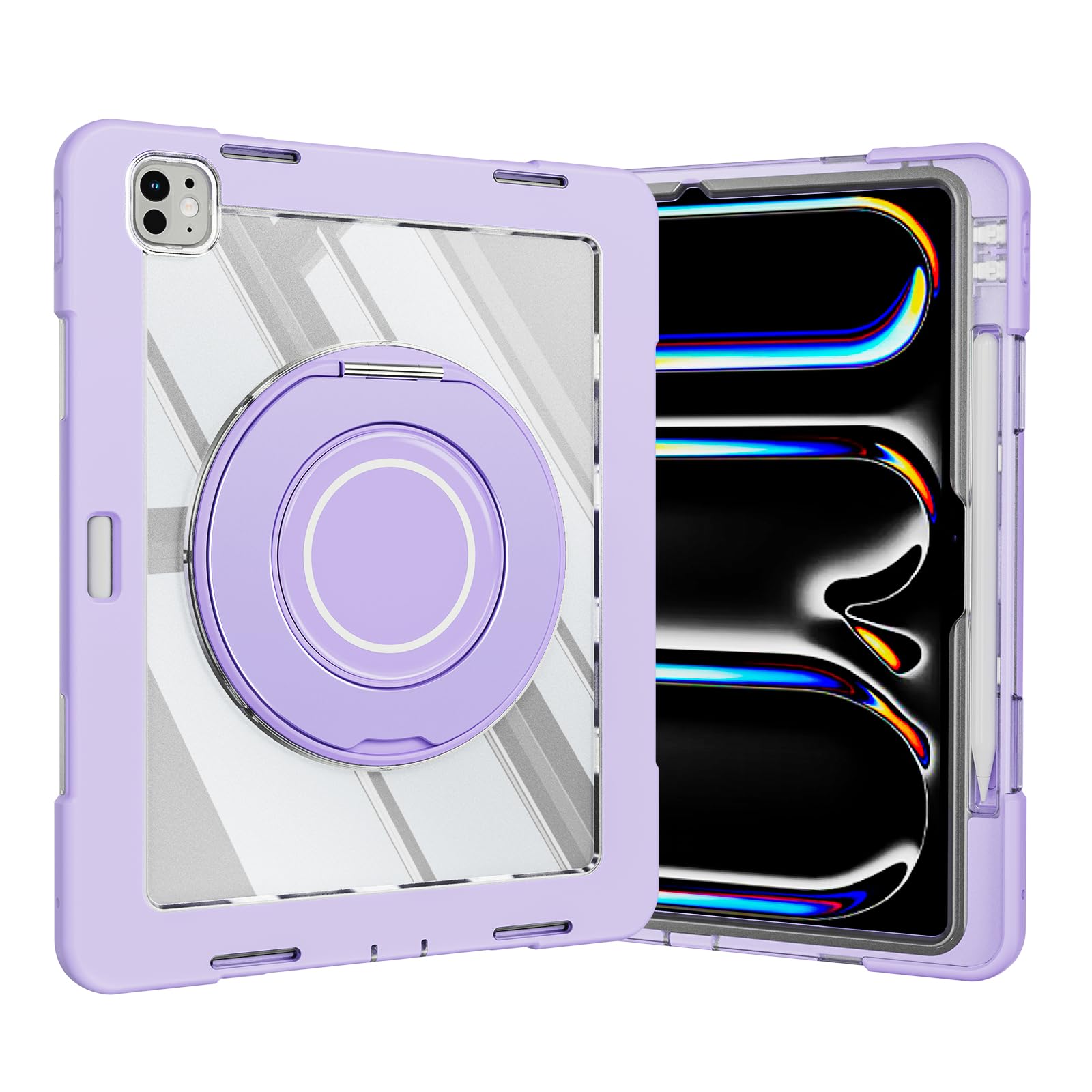 Custodia in silicone resistente per tablet iPad Pro 11" 2024, custodia antiurto Crystal Armor Series con portamatite, supporto girevole in titanio con anello grande da appendere