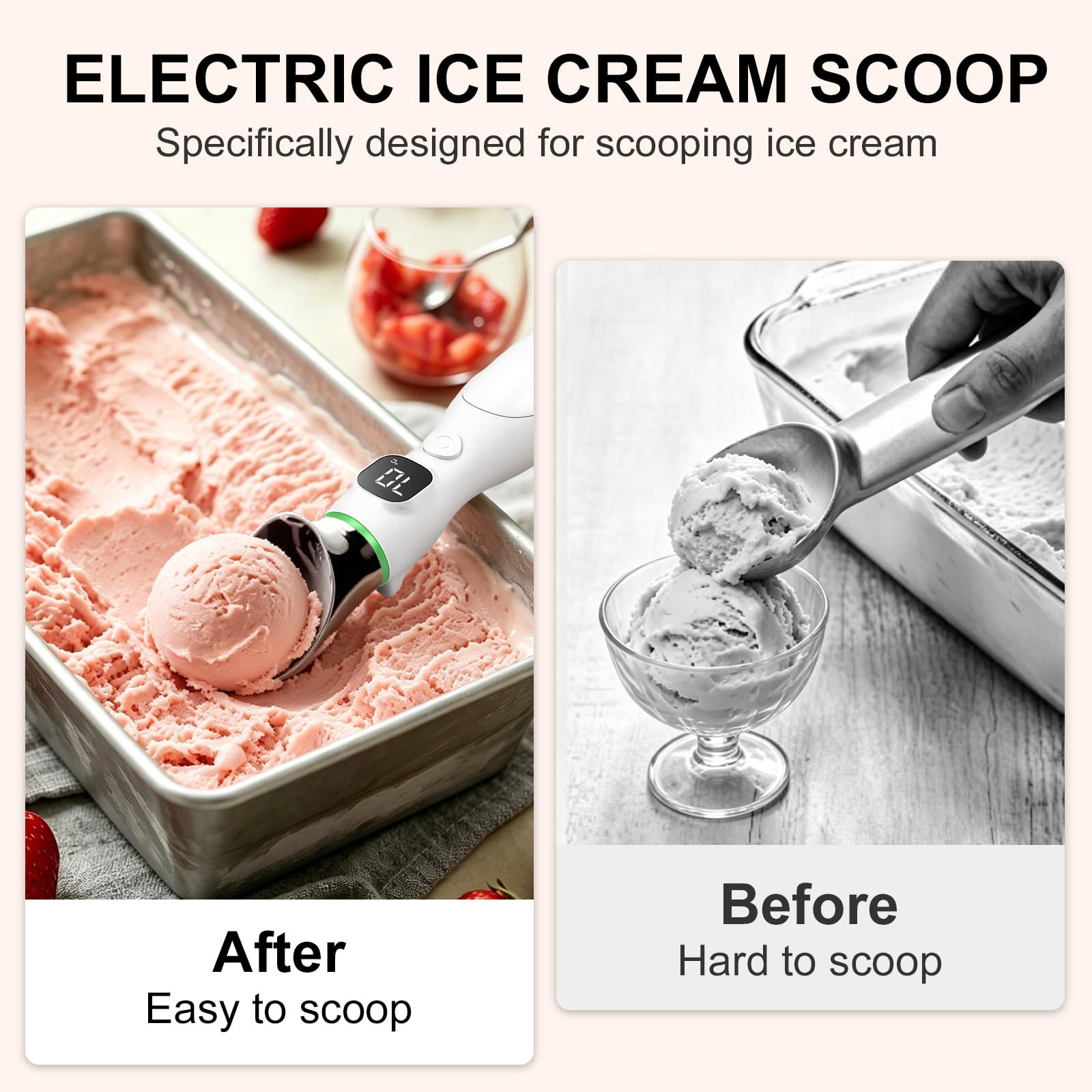 Cuillère à glace chauffante rechargeable, 4 000 mAh, avec affichage LED, 3 températures jusqu'à 70 °C, poignée ergonomique, cuillère étanche pour crème glacée dure (blanc)