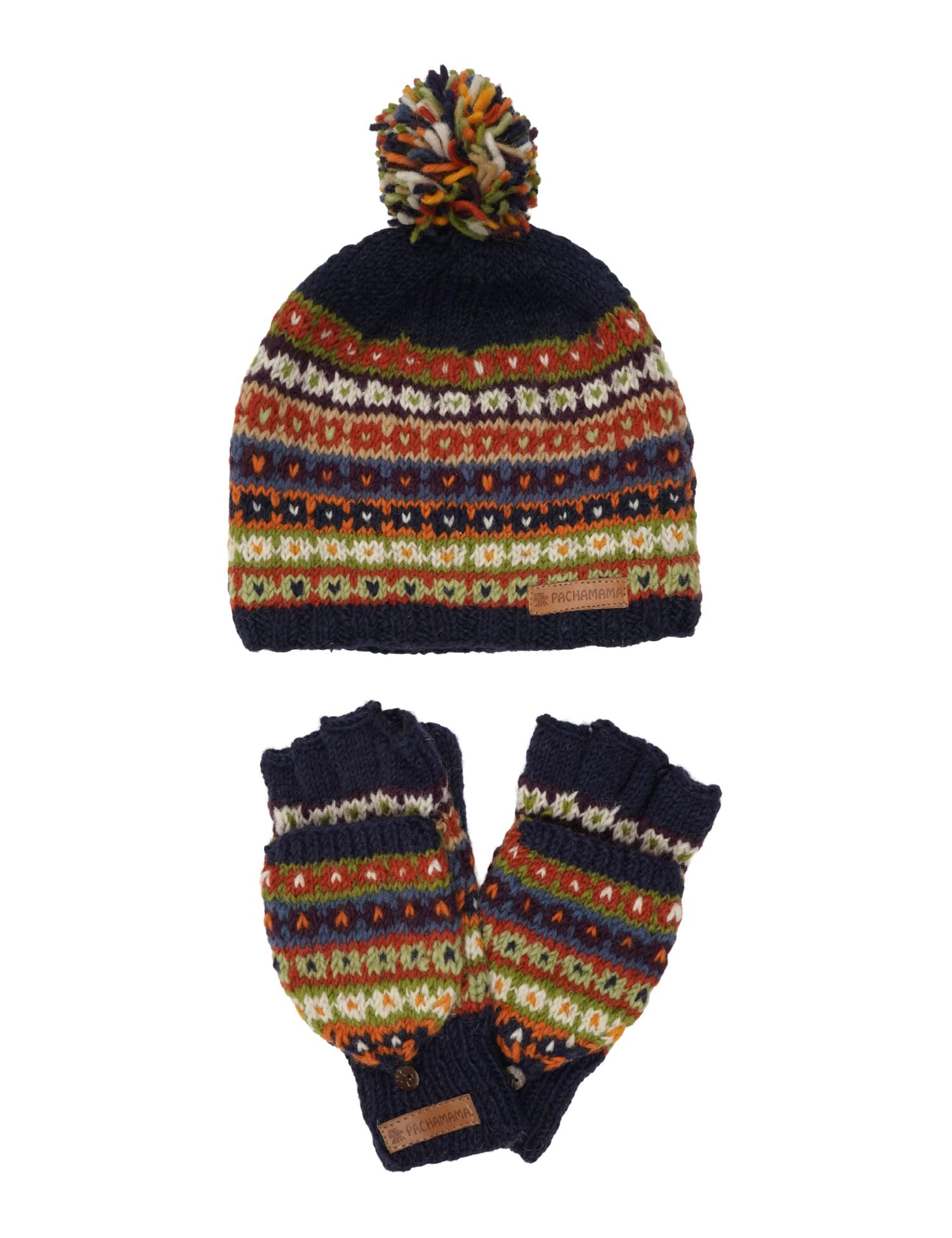 Pachamama Damen Wollmütze mit Bommelmütze und fingerlosen Handschuhen, 2 Stück, Geschenkbeutel-Set, mit Fleece gefüttert, handgestrickt, meliert, gestreift, blau, mehrfarbig, Einheitsgröße